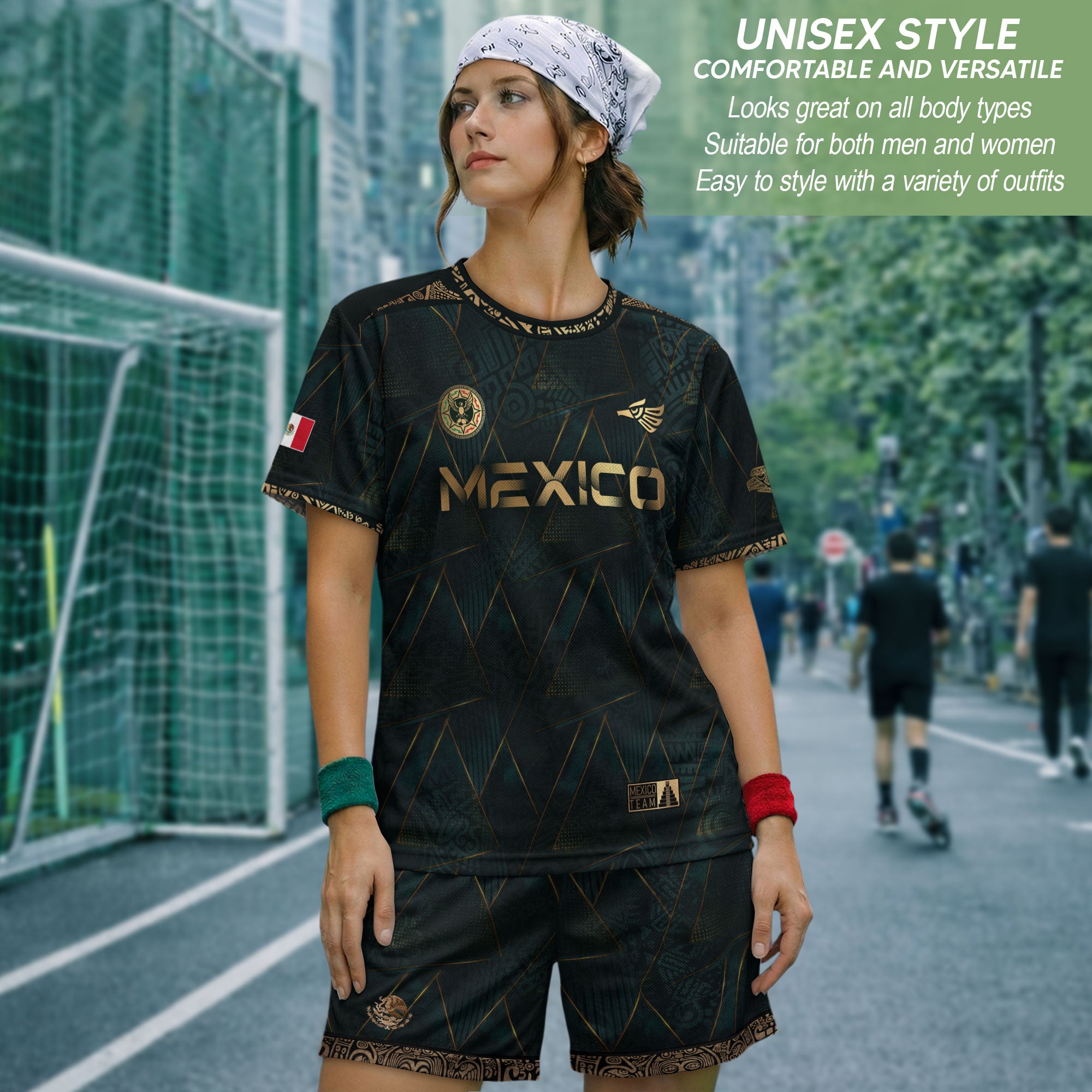 Camiseta de fútbol premium con emblema de águila azteca verde y dorado de México