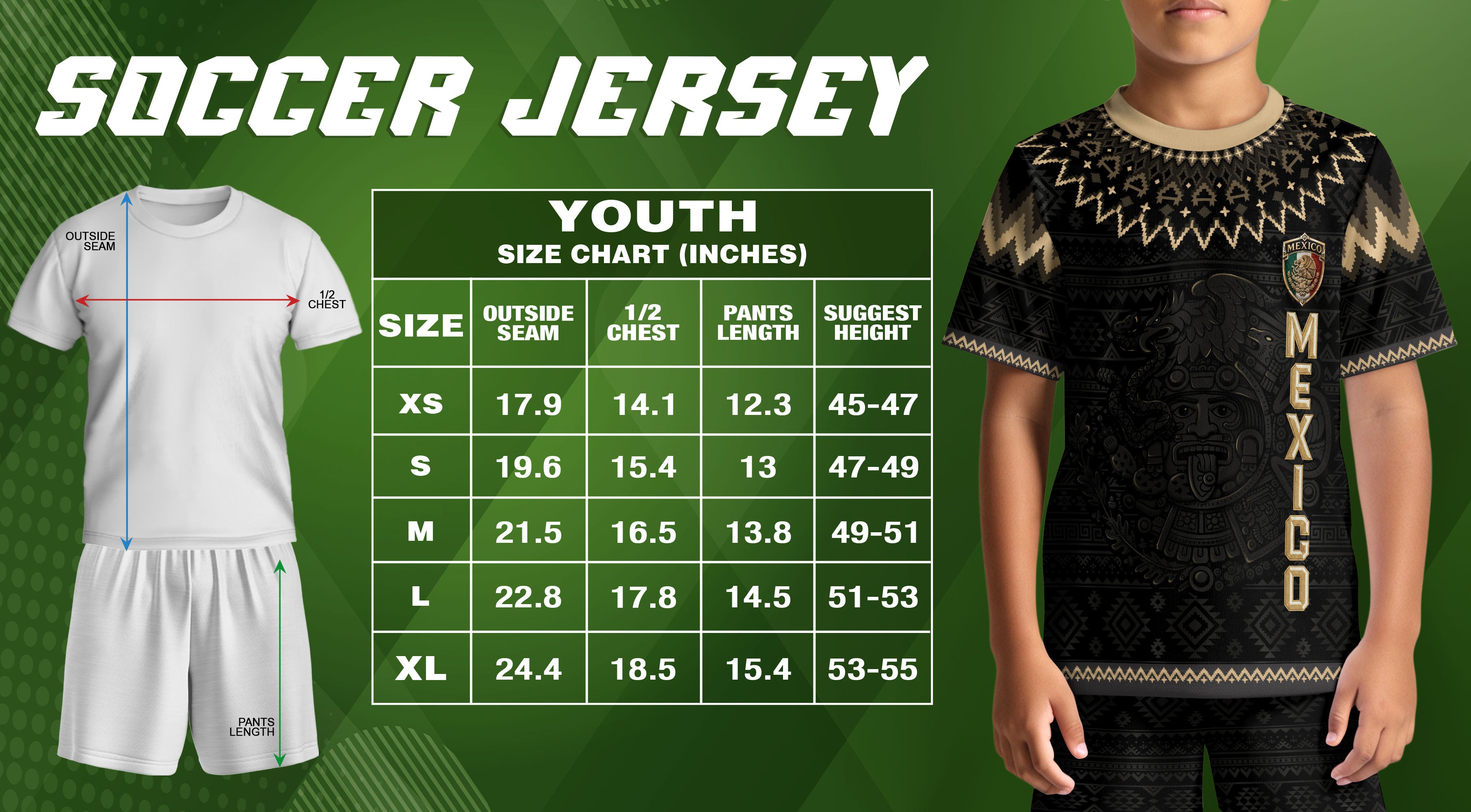 Camiseta de fútbol juvenil con estampado vertical del Águila Dorada Negra de México