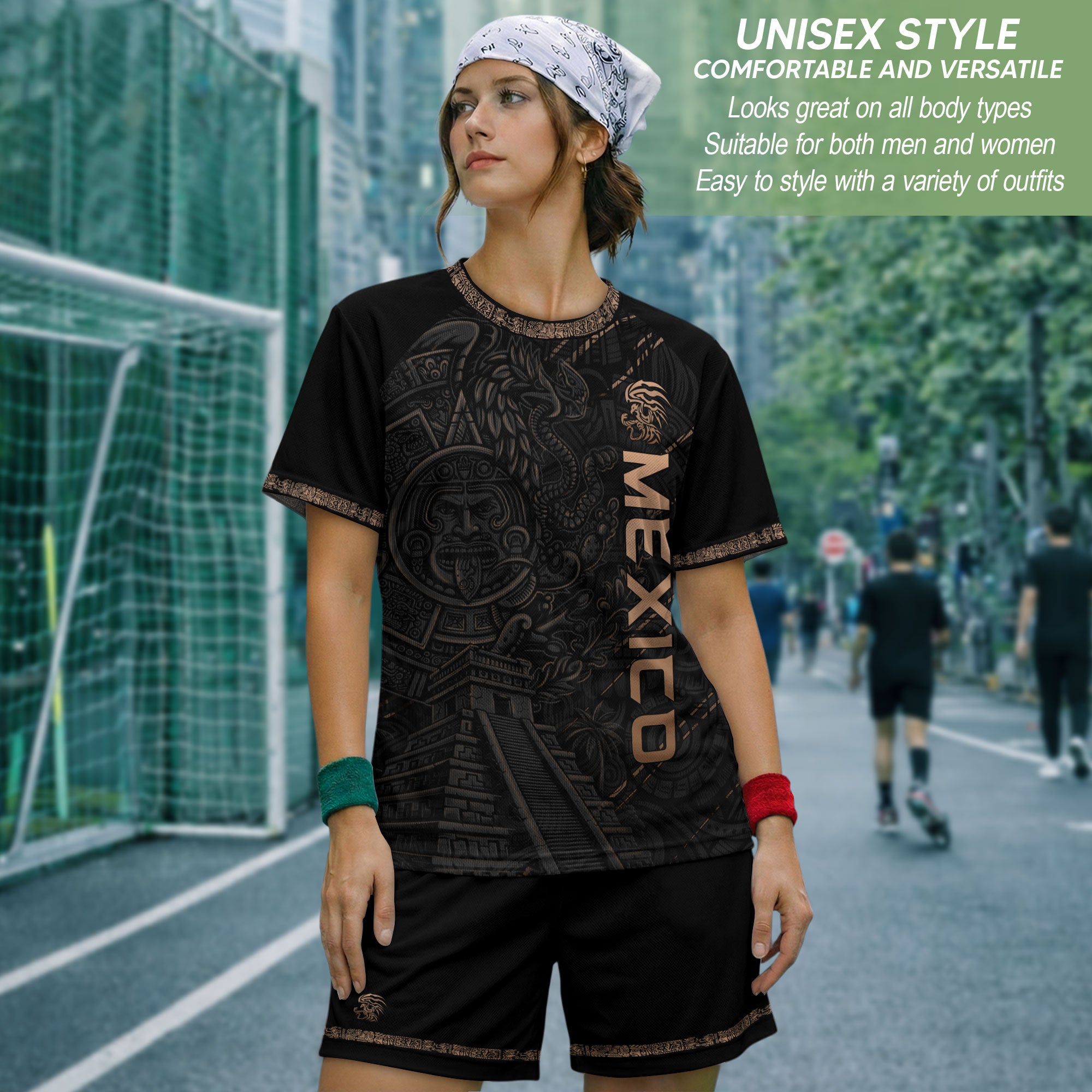 Camiseta de fútbol premium con emblema de águila azteca verde y dorado de México