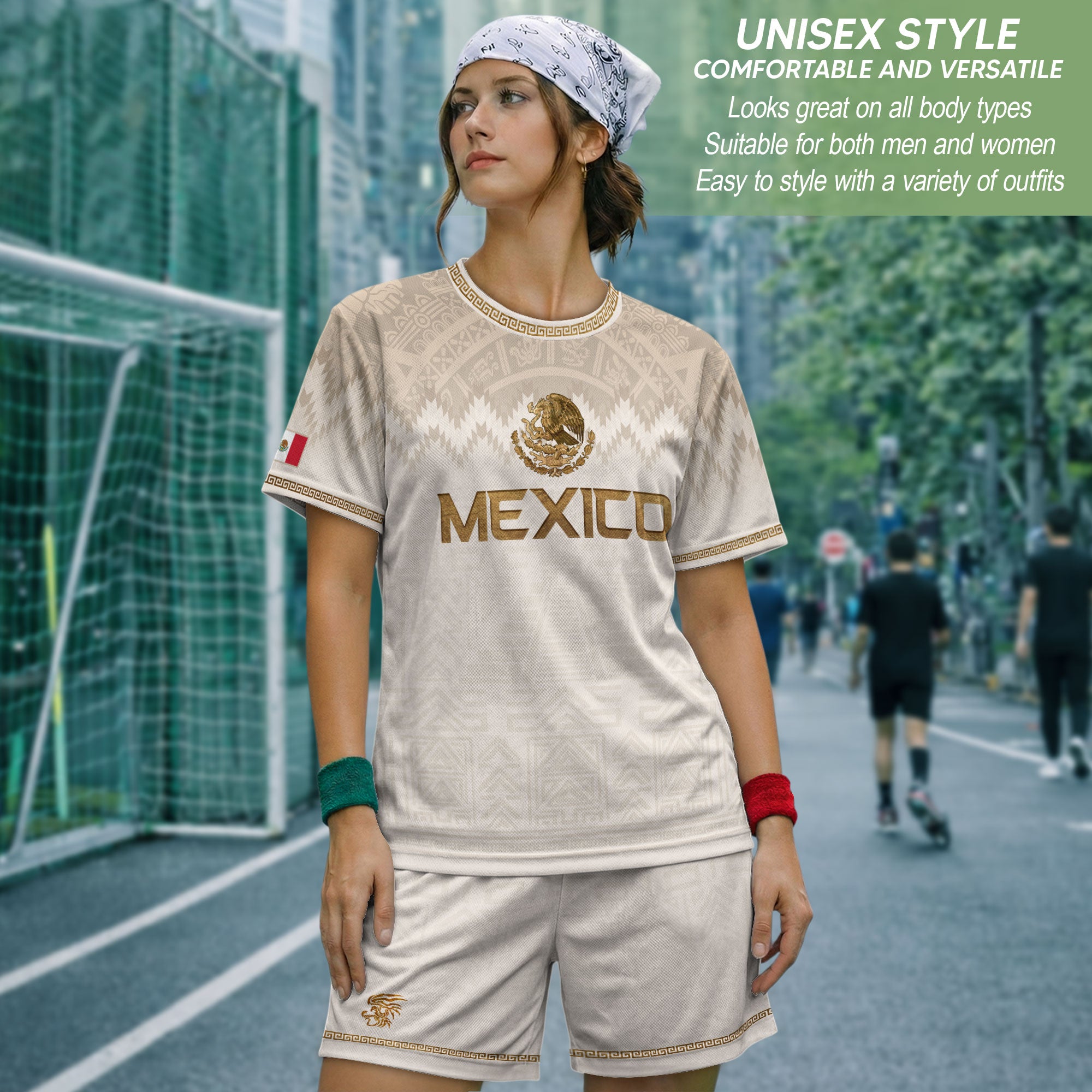 Camiseta de fútbol premium con emblema de águila azteca verde y dorado de México