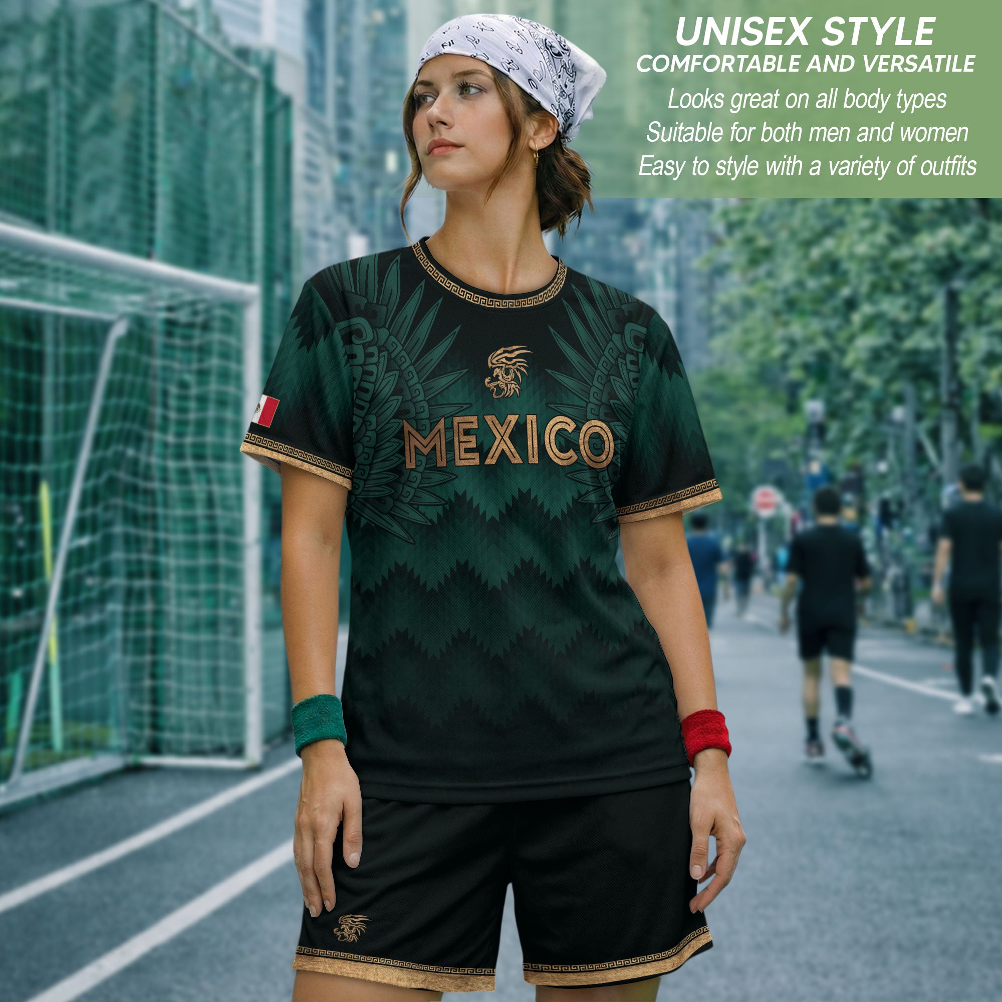 Mexico Coat of Arms Green Gold Aztec Ziczac Pattern Wing Graphic Heritage Soccer Jersey