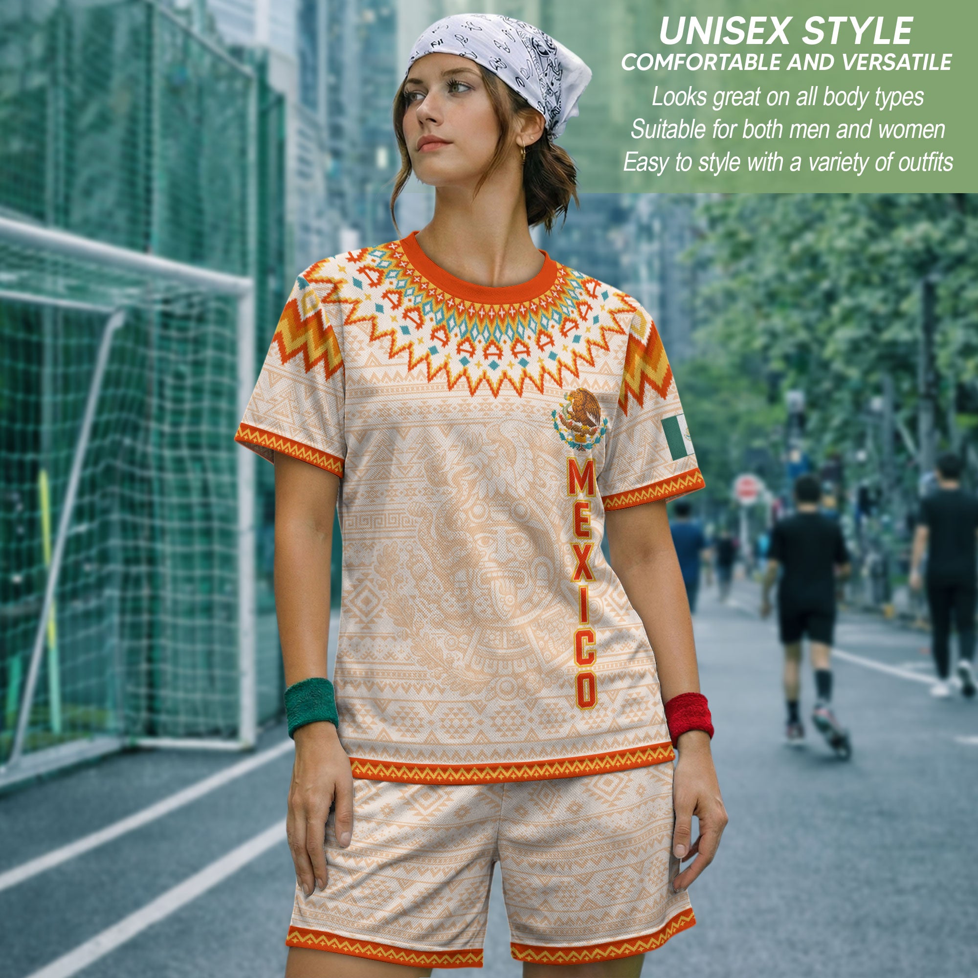 Mexico Cream Orange Heritage Soccer Jersey, Aztec Pattern Mexican Roots Design Jersey For Men