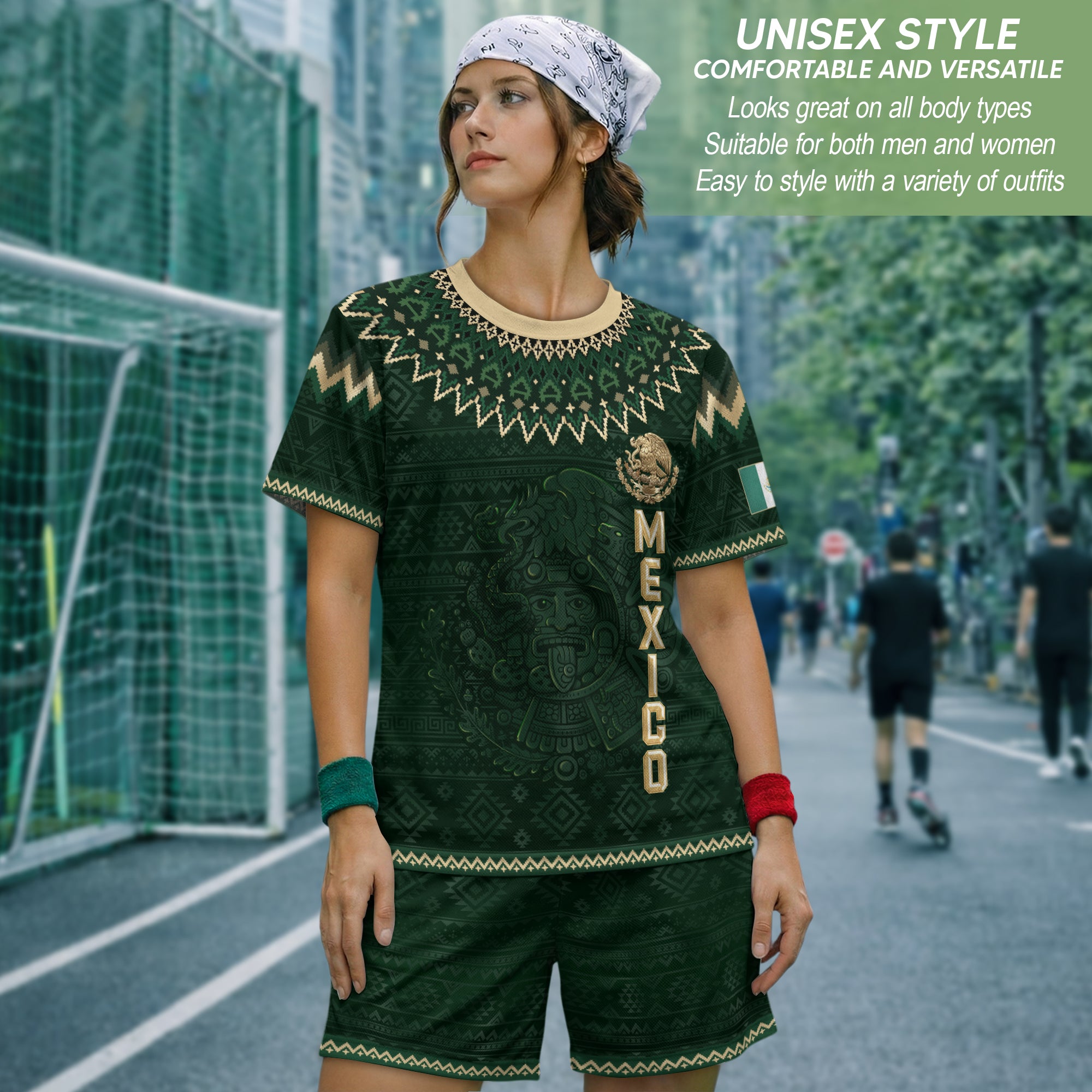Mexico Heritage Soccer Jersey, Green Gold Aztec Calendar Design Sports Jersey for Men
