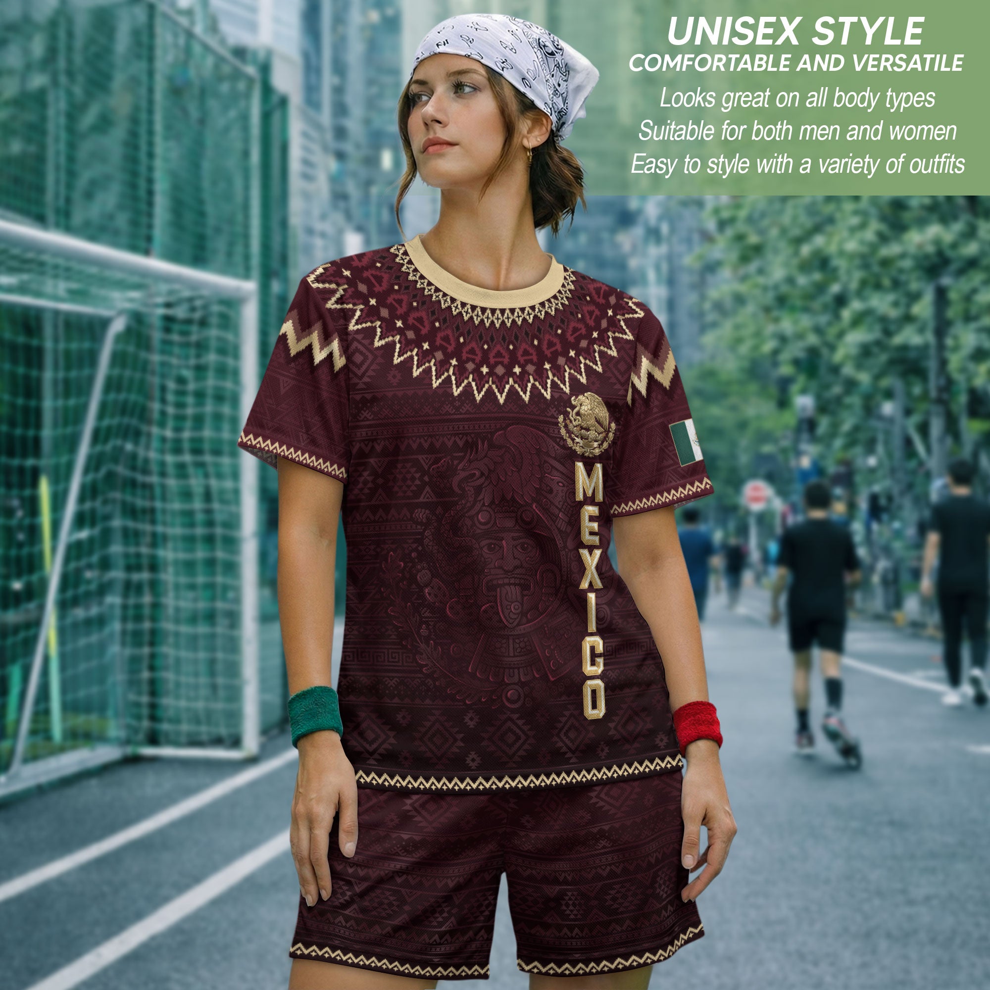 Mexico Heritage Soccer Jersey, Maroon Burgundy Gold Aztec Eagle Design Sports Jersey for Men