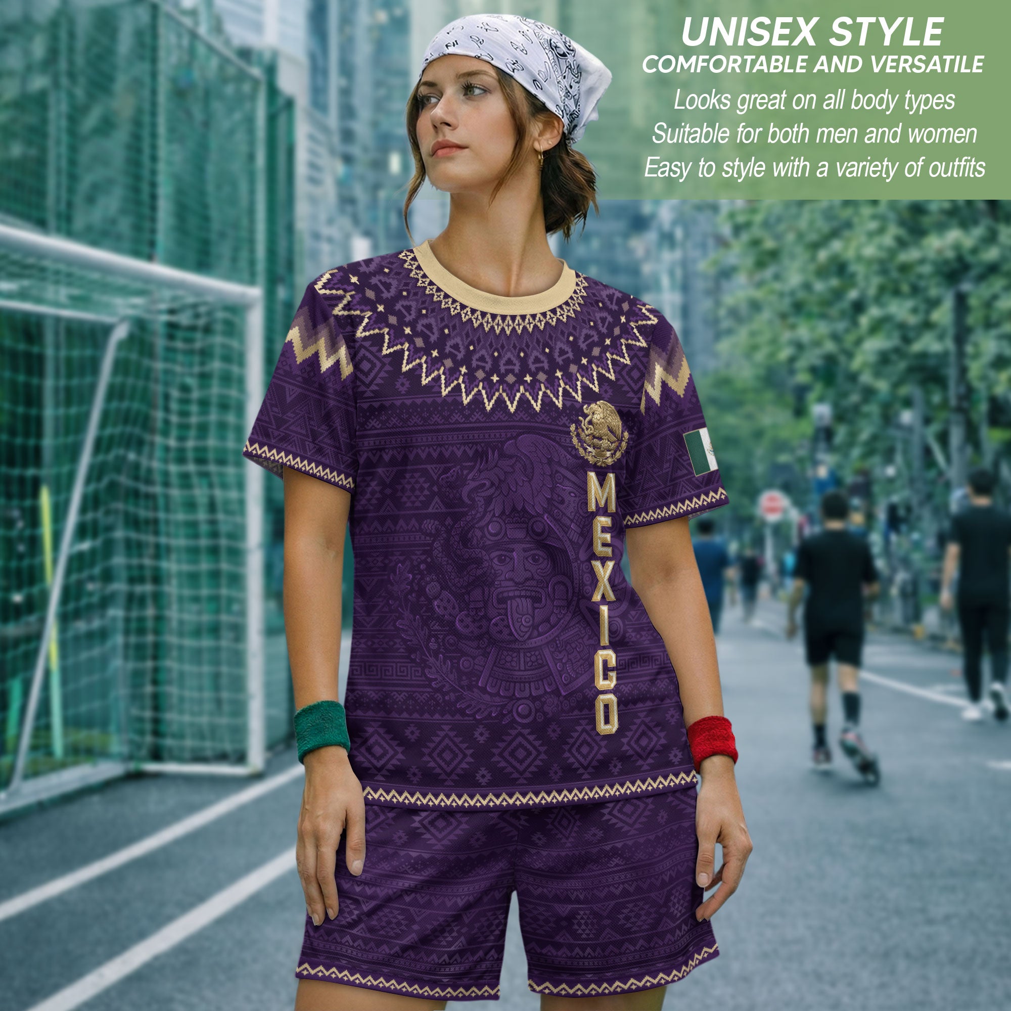 Mexico Heritage Soccer Jersey, Purple Gold Aztec Calendar Design Sports Jersey for Men