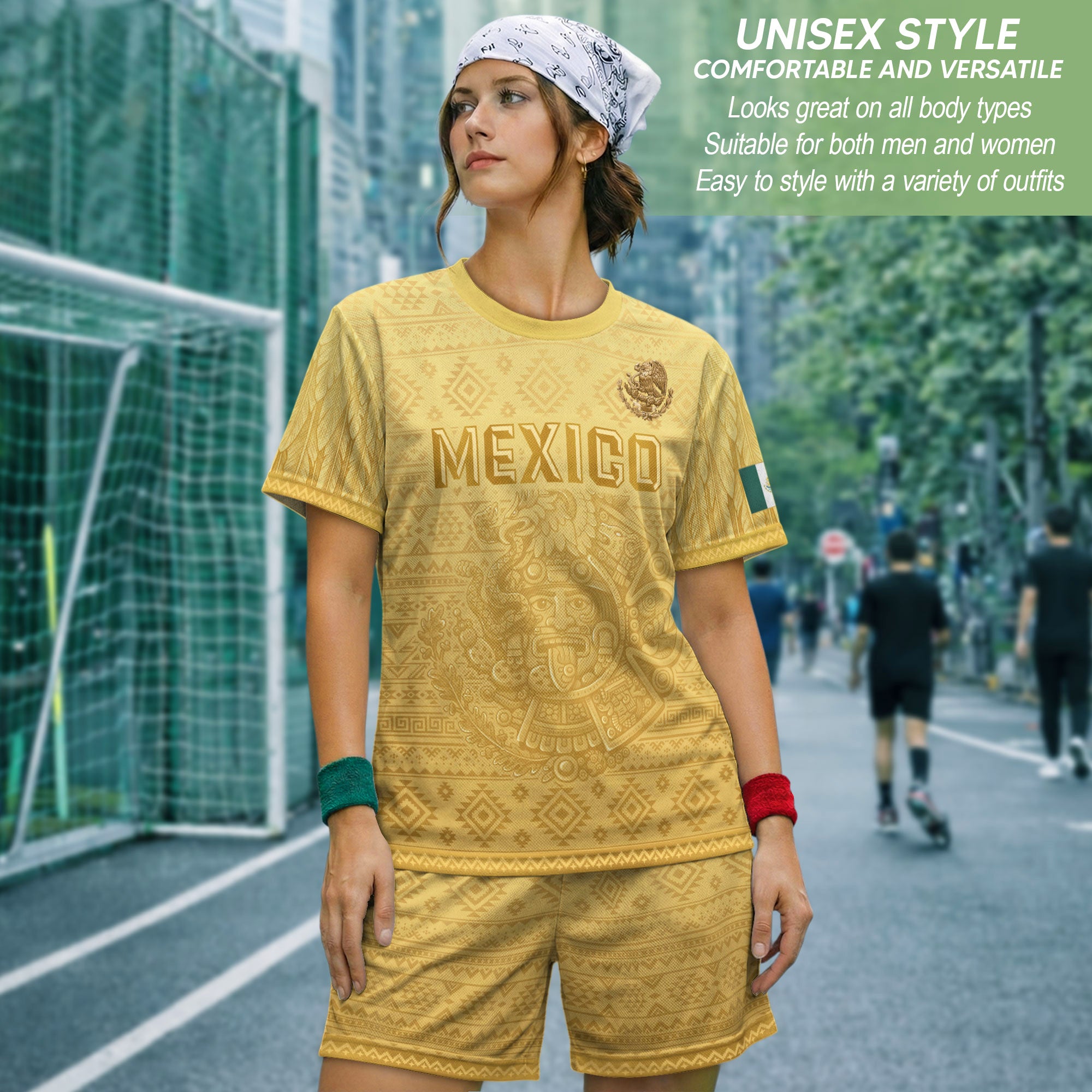 Mexico Heritage Soccer Jersey, Yellow Gold Aztec Calendar Design Sports Jersey for Men