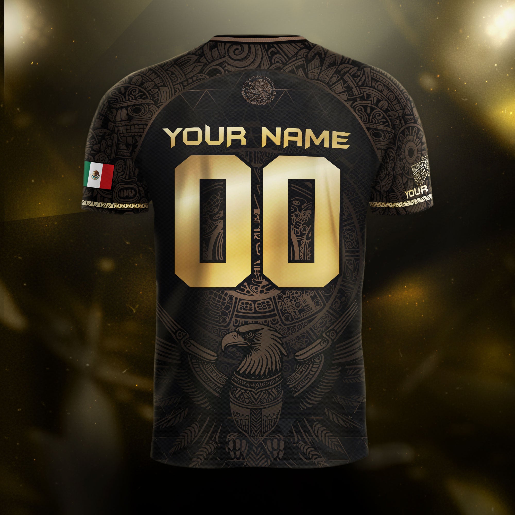 Custom Mexico Soccer Jersey Black Gold Aztec Heritage Design