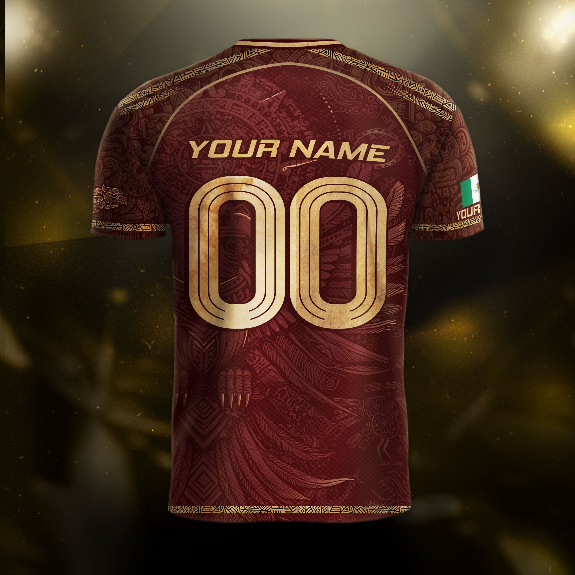Custom Mexico Soccer Jersey Burgundy Gold Aztec Heritage Design