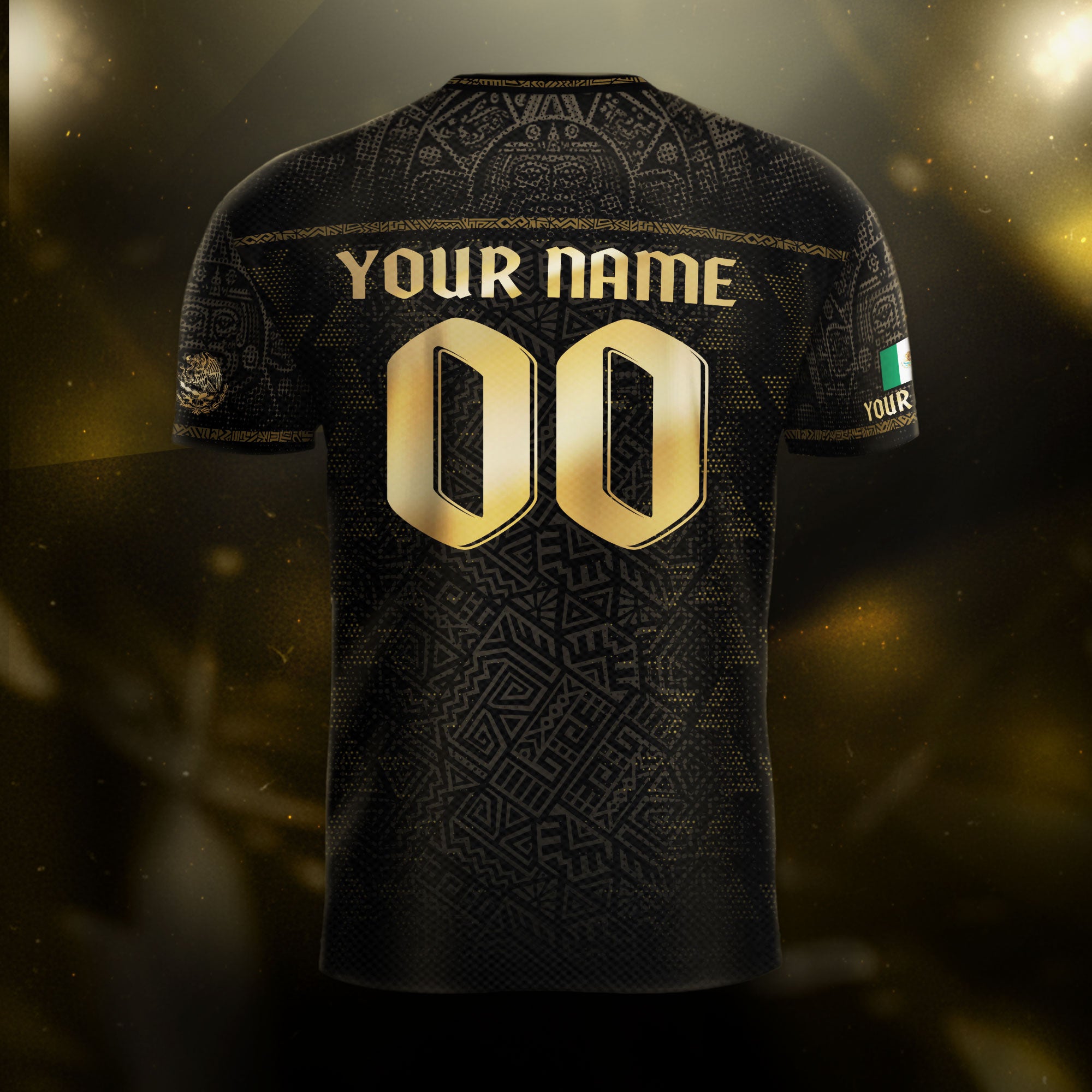 Custom Mexico Soccer Jersey Black Gold Aztec Eagle Serpent Design