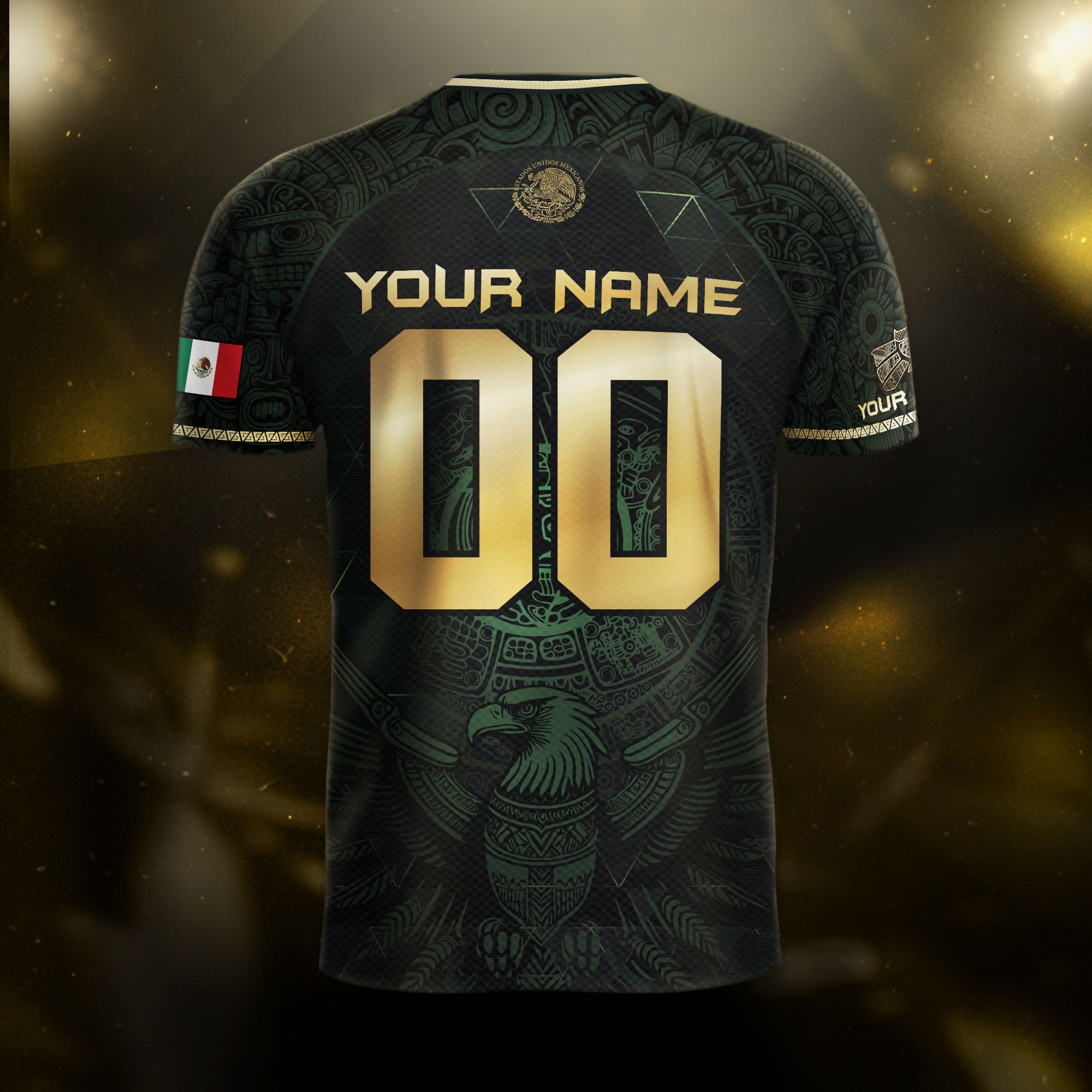 Custom Mexico Soccer Jersey Black Gold Heritage Aztec Calendar Design