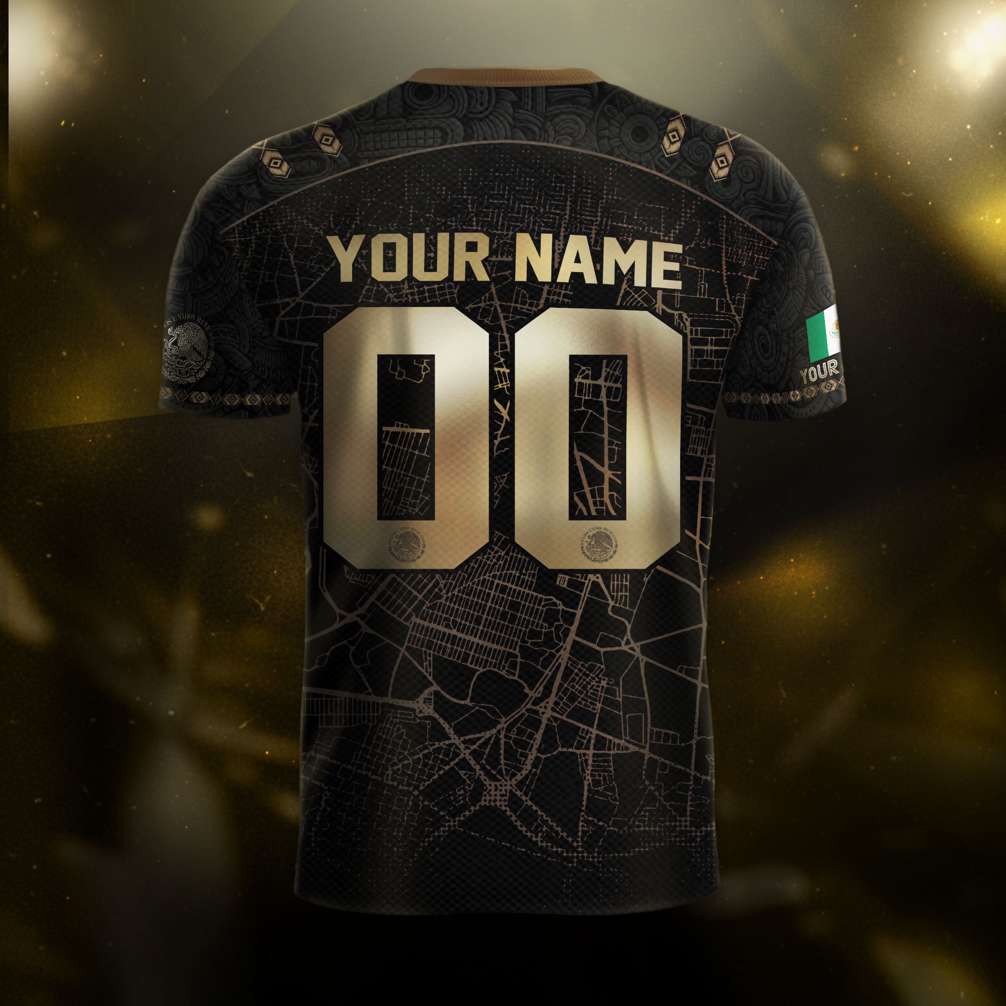 Custom Mexico Soccer Jersey Black Gold Heritage Map Aztec Design