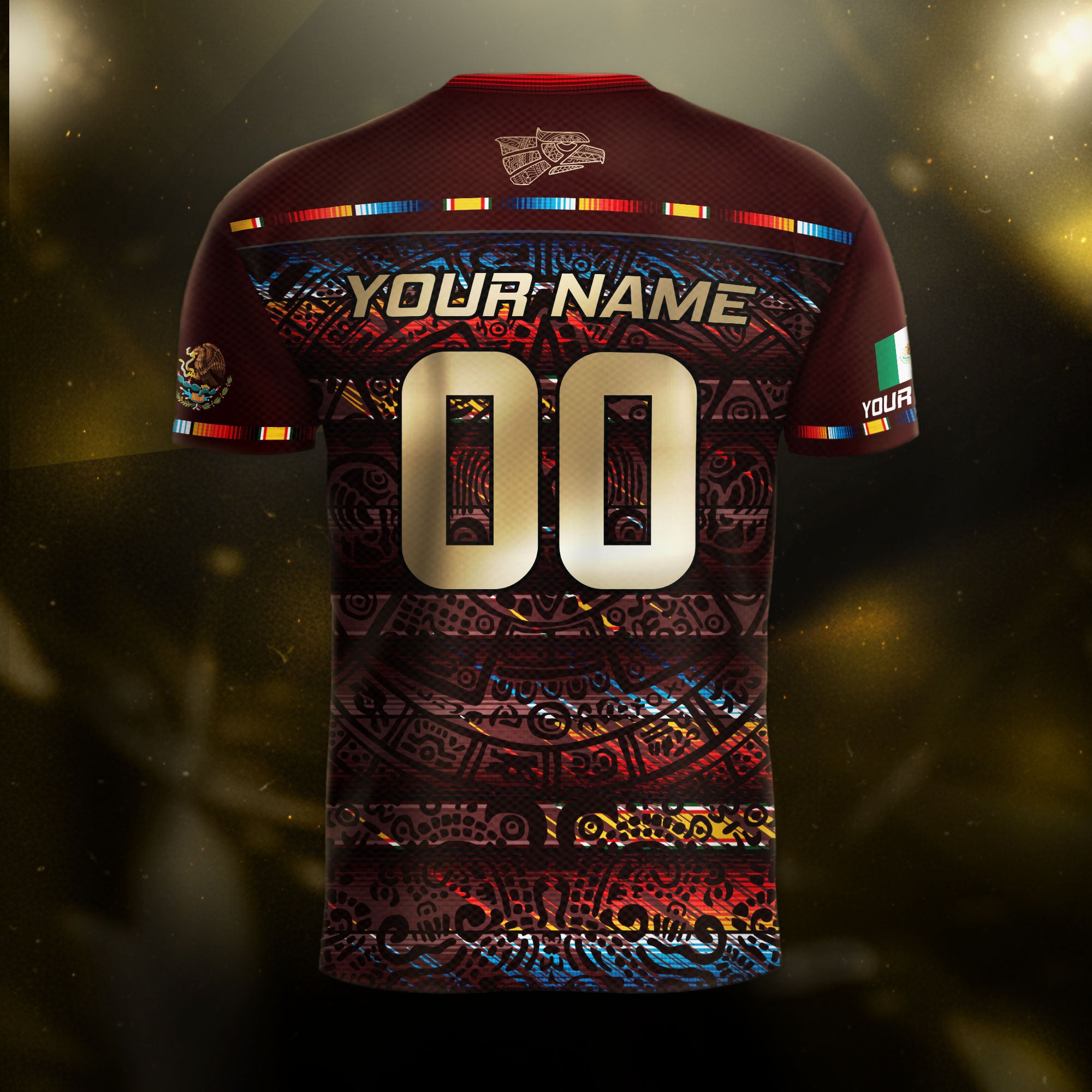 Custom Mexico Soccer Jersey Burgundy Gold Heritage Aztec Calendar Design
