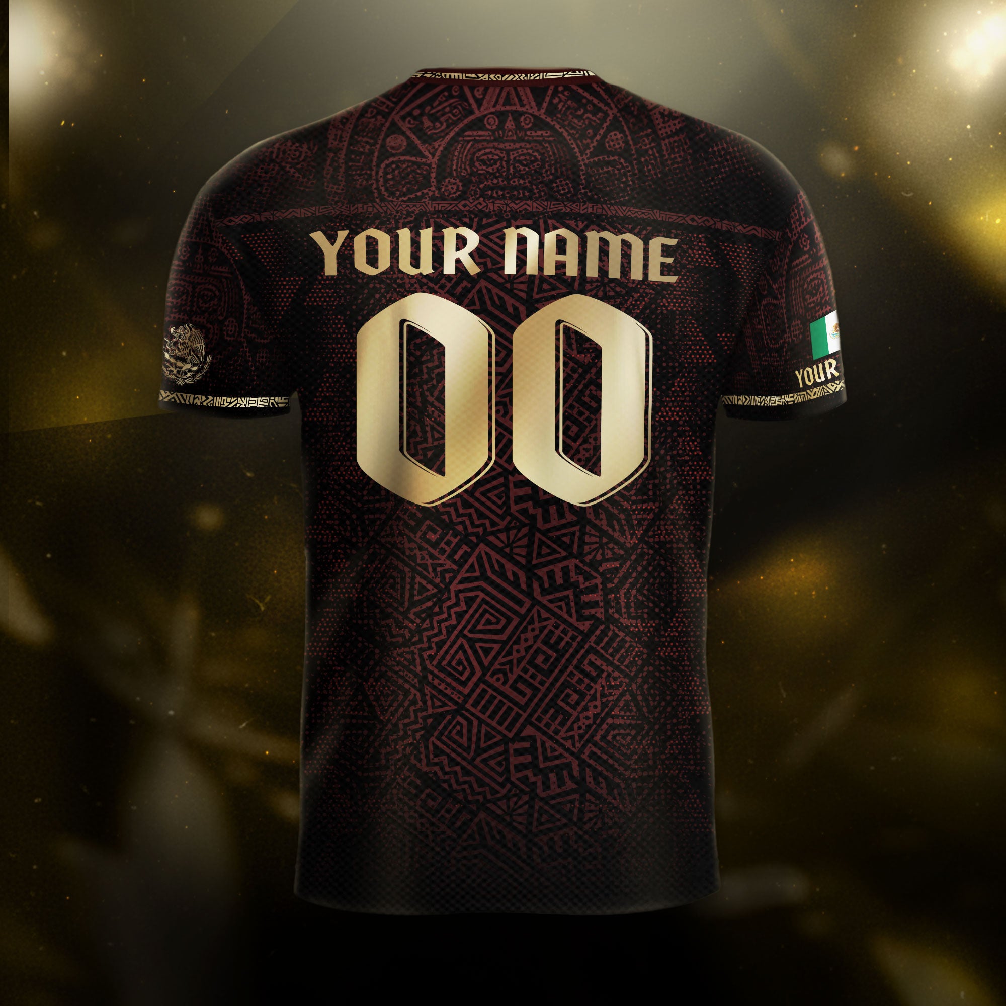 Custom Mexico Soccer Jersey Burgundy Gold Aztec Eagle Serpent Design