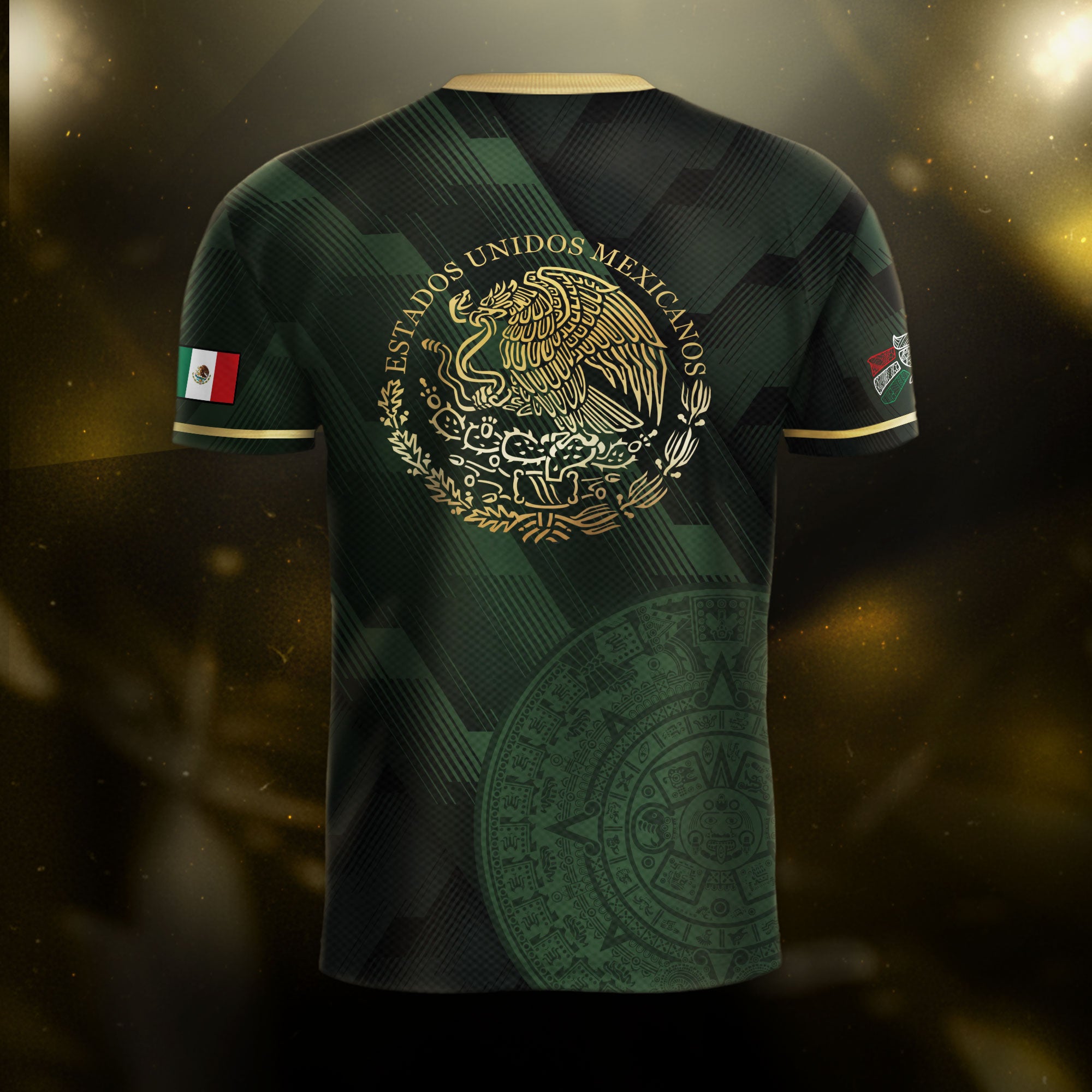 Mexico Green Soccer Jersey with Golden Aztec Sunstone Design
