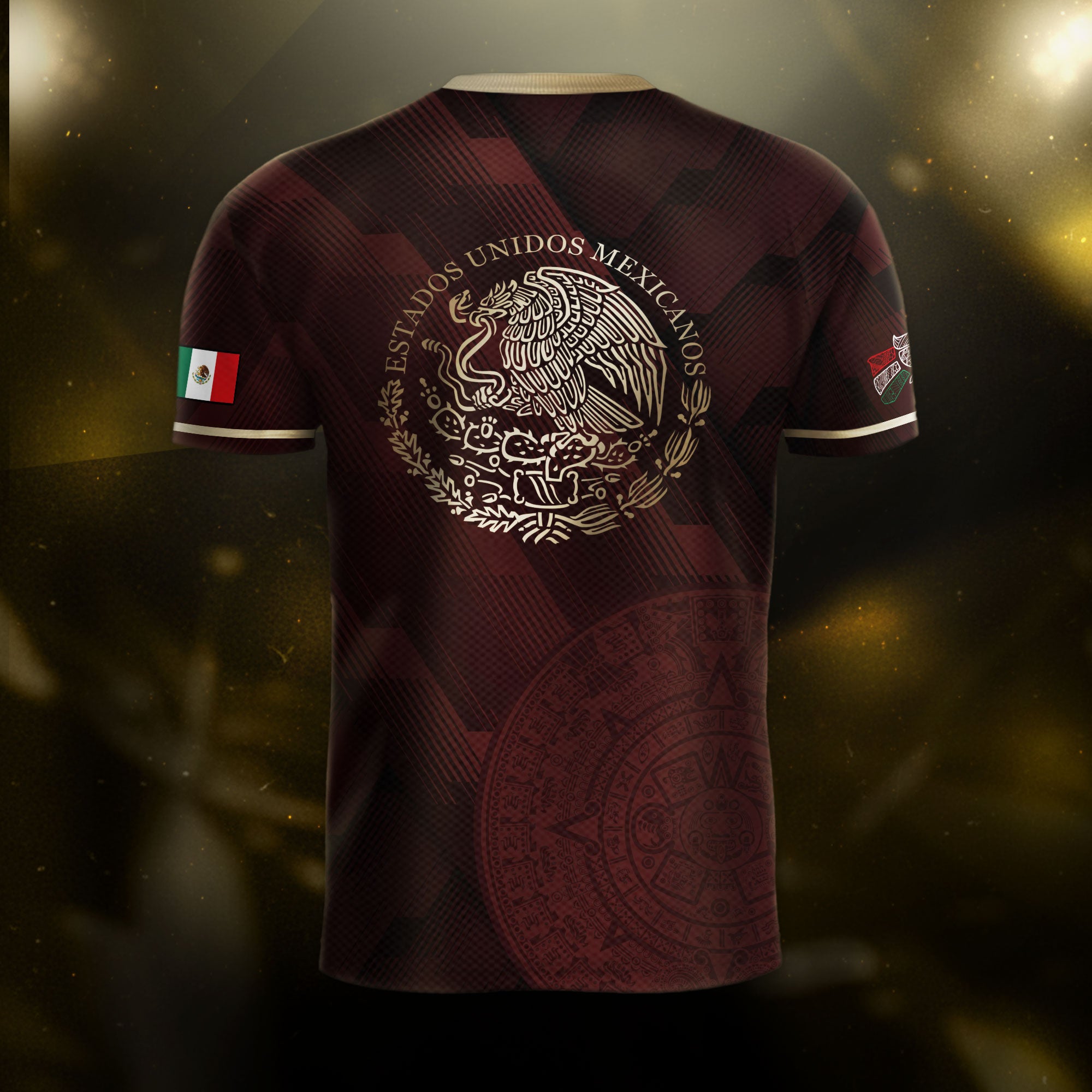 Mexico Burgundy Soccer Jersey with Golden Aztec Sunstone and Eagle Crest
