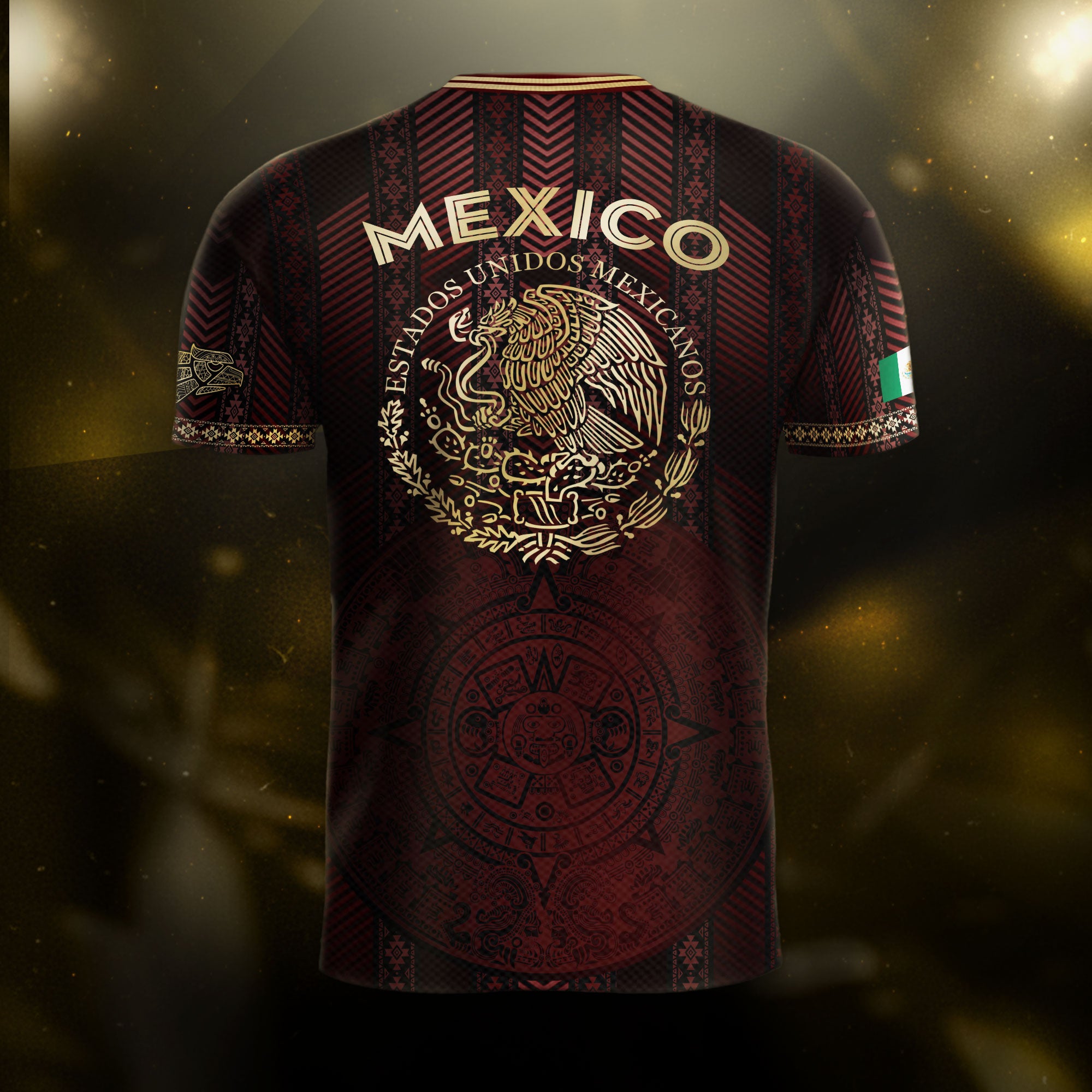Mexico Burgundy Soccer Jersey with Golden Aztec Calendar and Eagle Crest