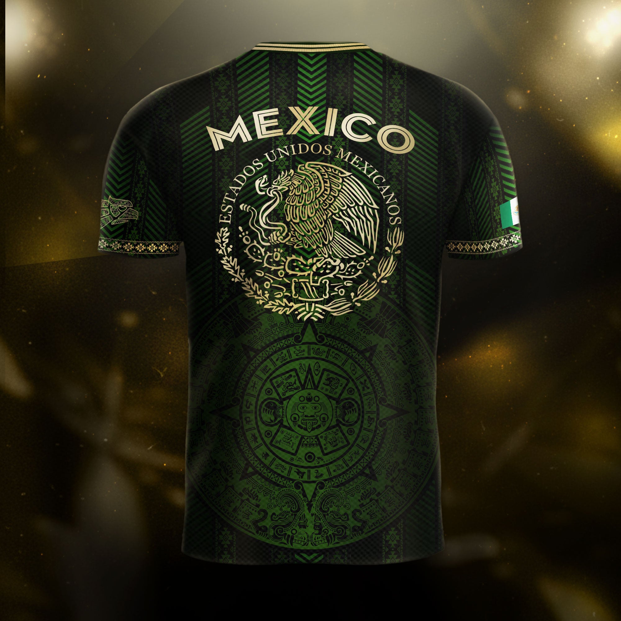 Mexico Green Soccer Jersey with Golden Aztec Calendar and Eagle Crest