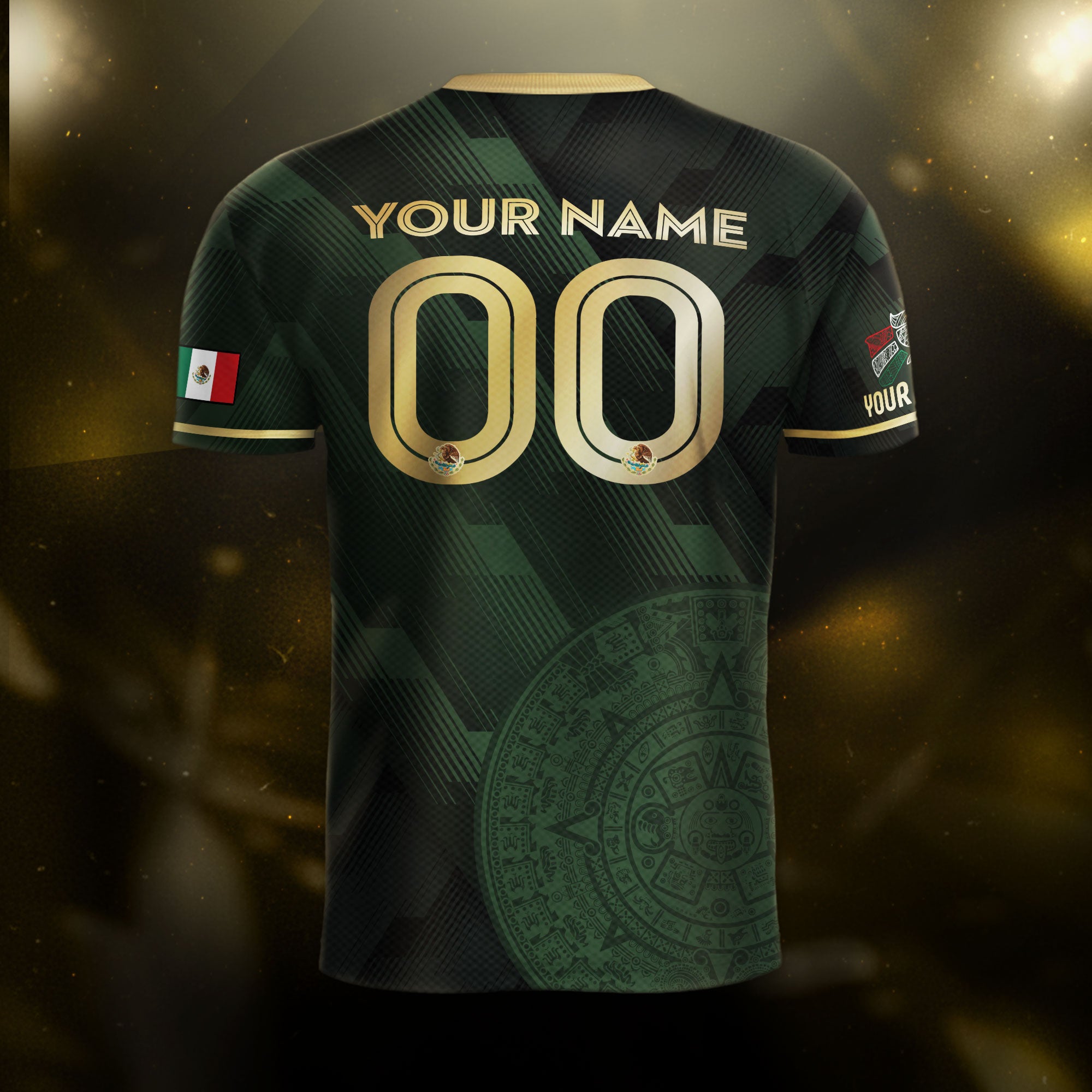 Custom Mexico Green Soccer Jersey with Golden Aztec Calendar Design