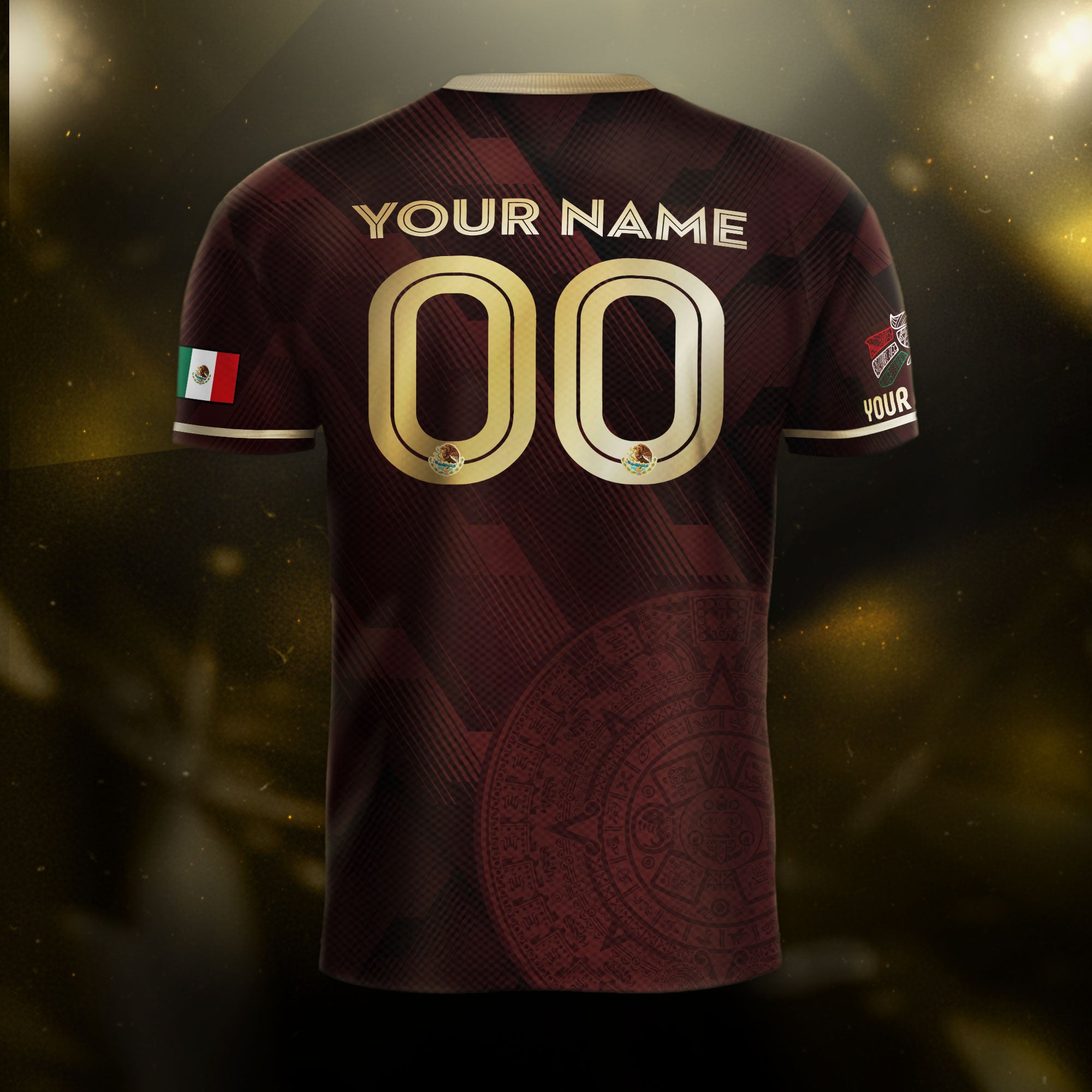 Custom Mexico Maroon Soccer Jersey with Golden Aztec Calendar Pattern