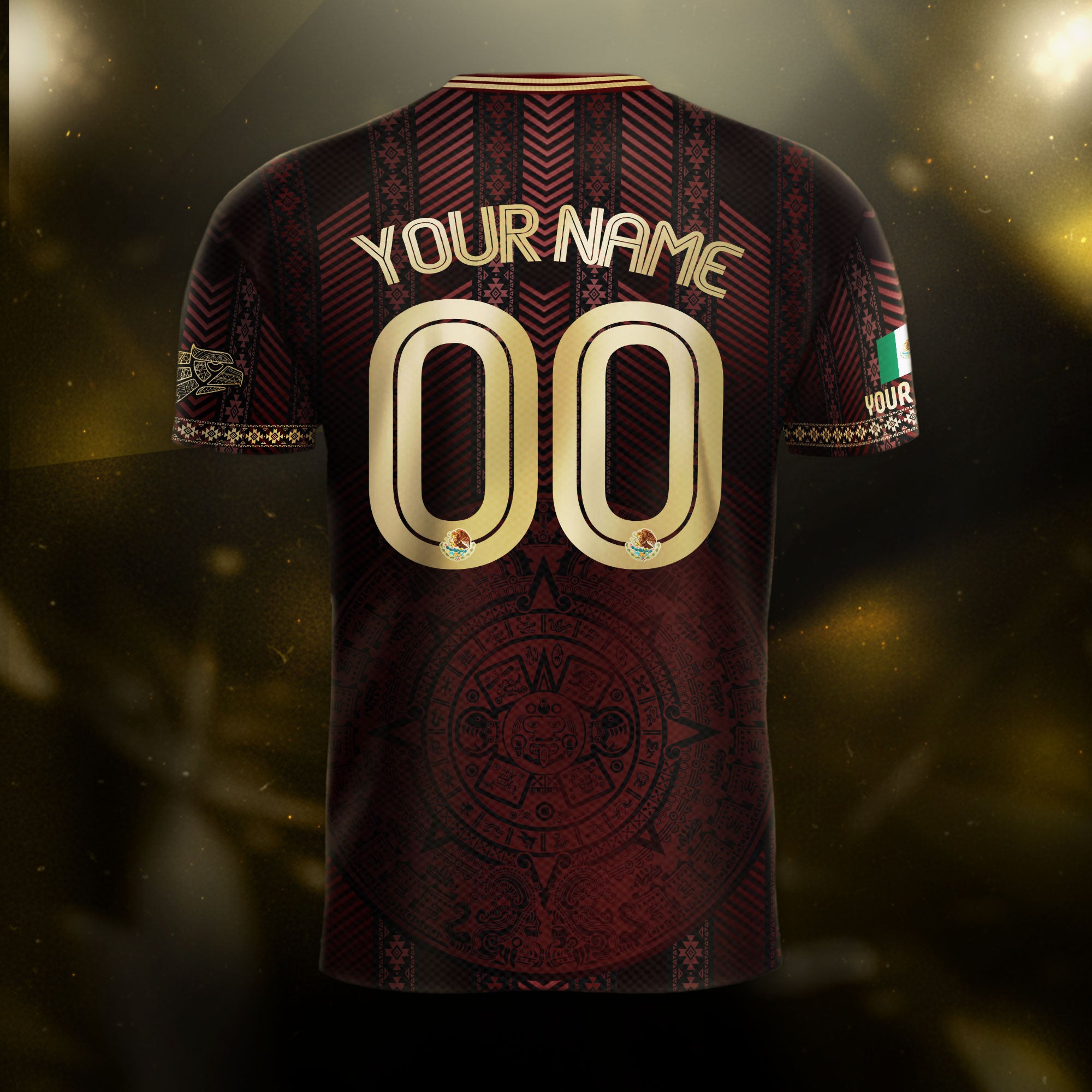 Custom Mexico Burgundy Soccer Jersey with Golden Aztec Calendar Design