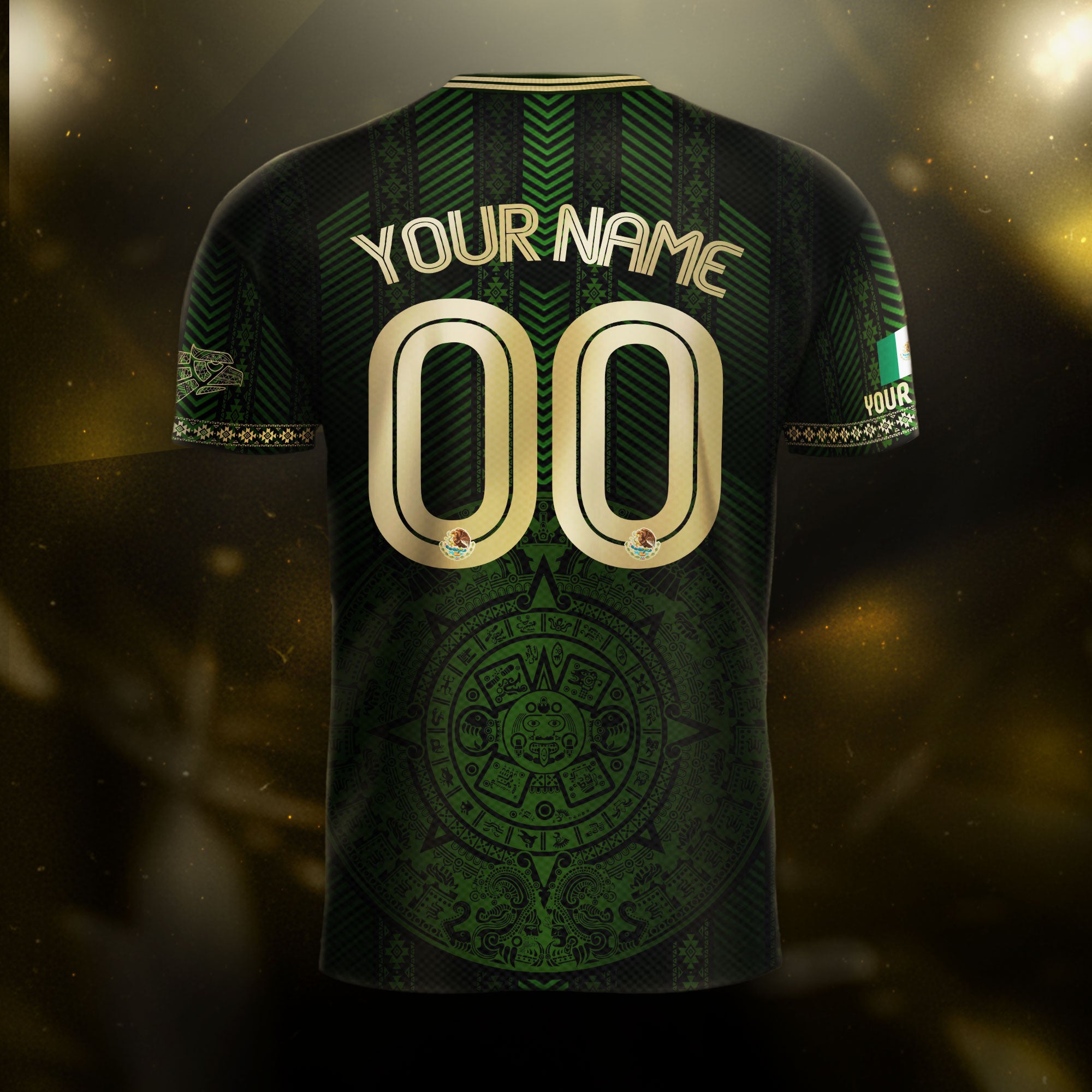 Custom Mexico Green Soccer Jersey with Golden Aztec Calendar Pattern