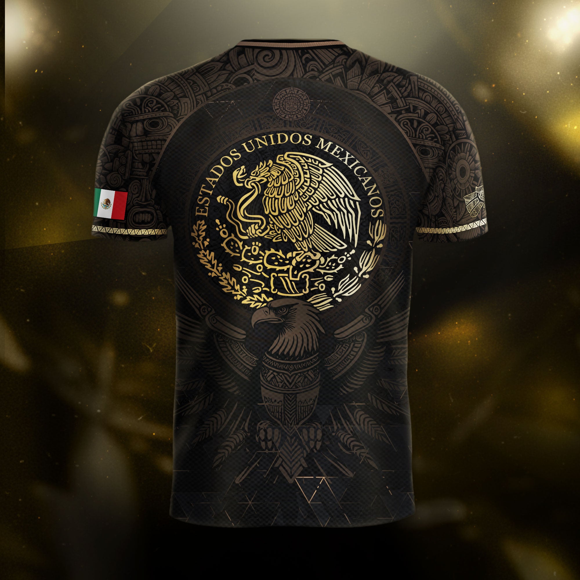 Mexico Soccer Jersey Black Gold Aztec Calendar & Eagle Emblem