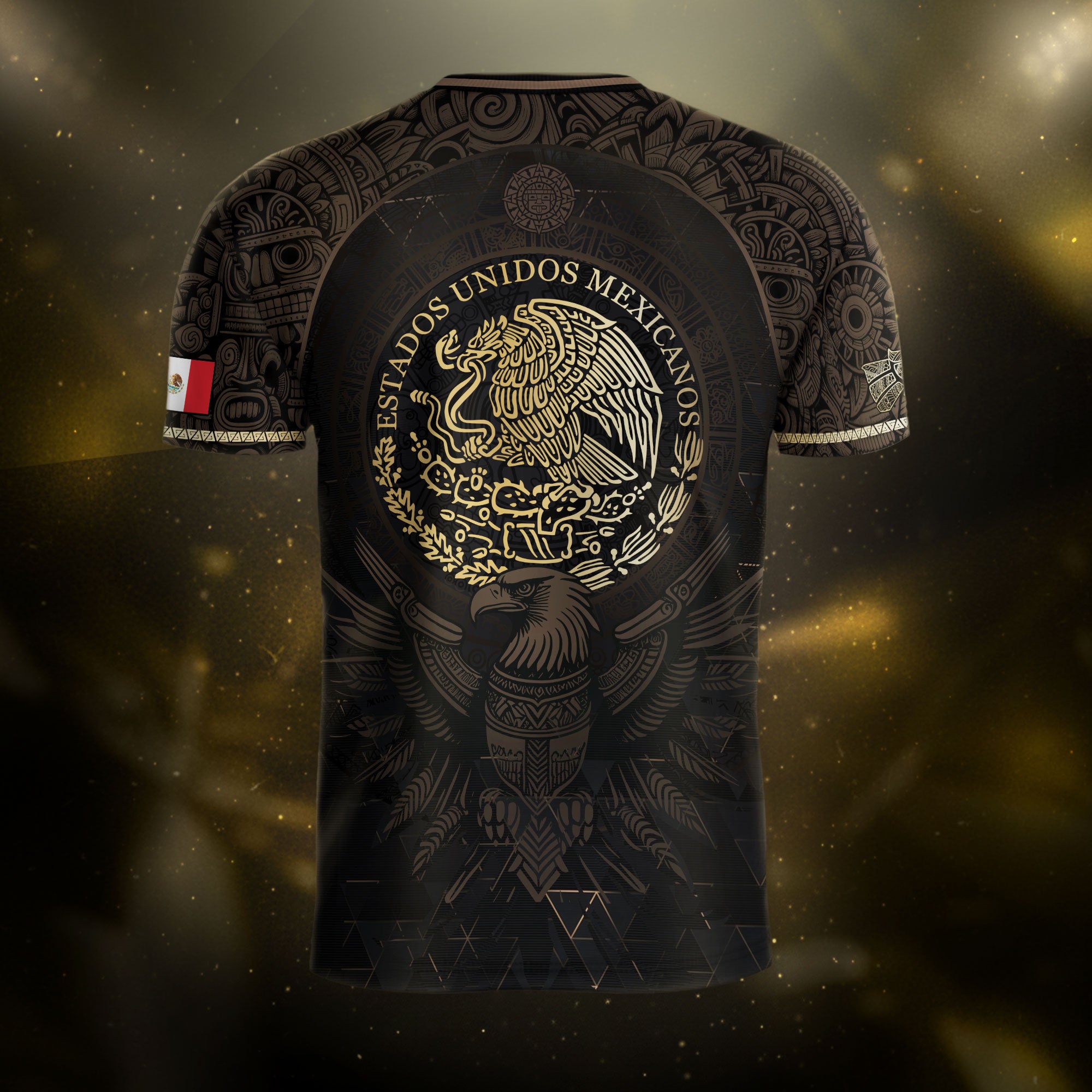 Camiseta de fútbol de México, color negro, dorado, calendario azteca y emblema del águila.