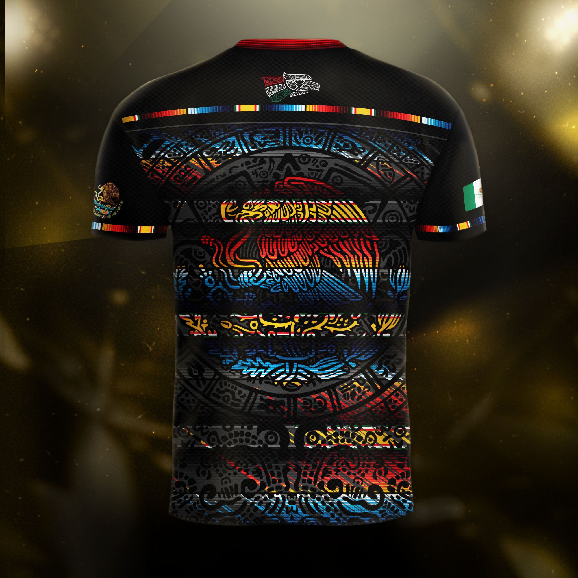 Mexico Soccer Jersey Black Aztec Calendar with Color Accents