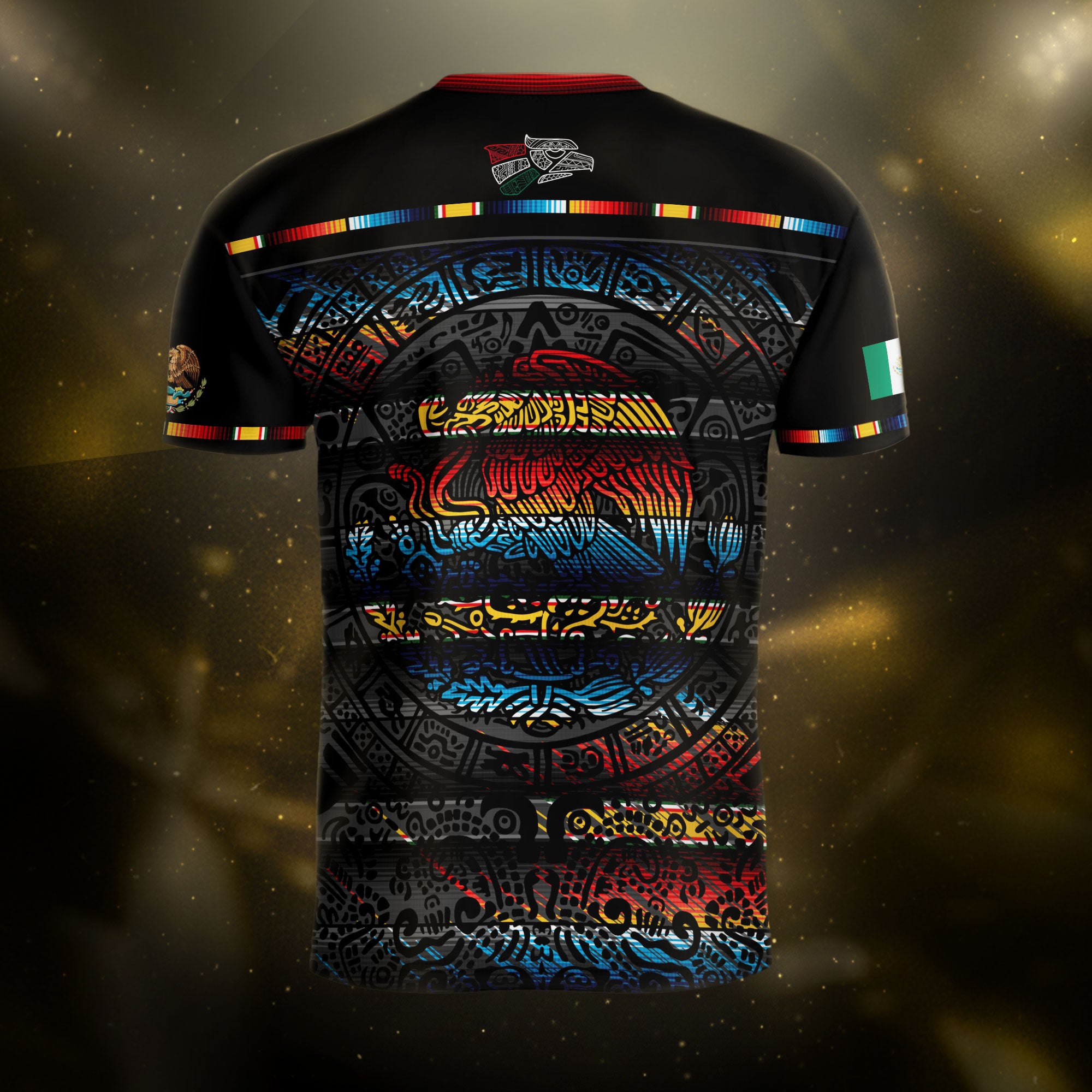 Camiseta de fútbol de México con calendario azteca negro y detalles de color