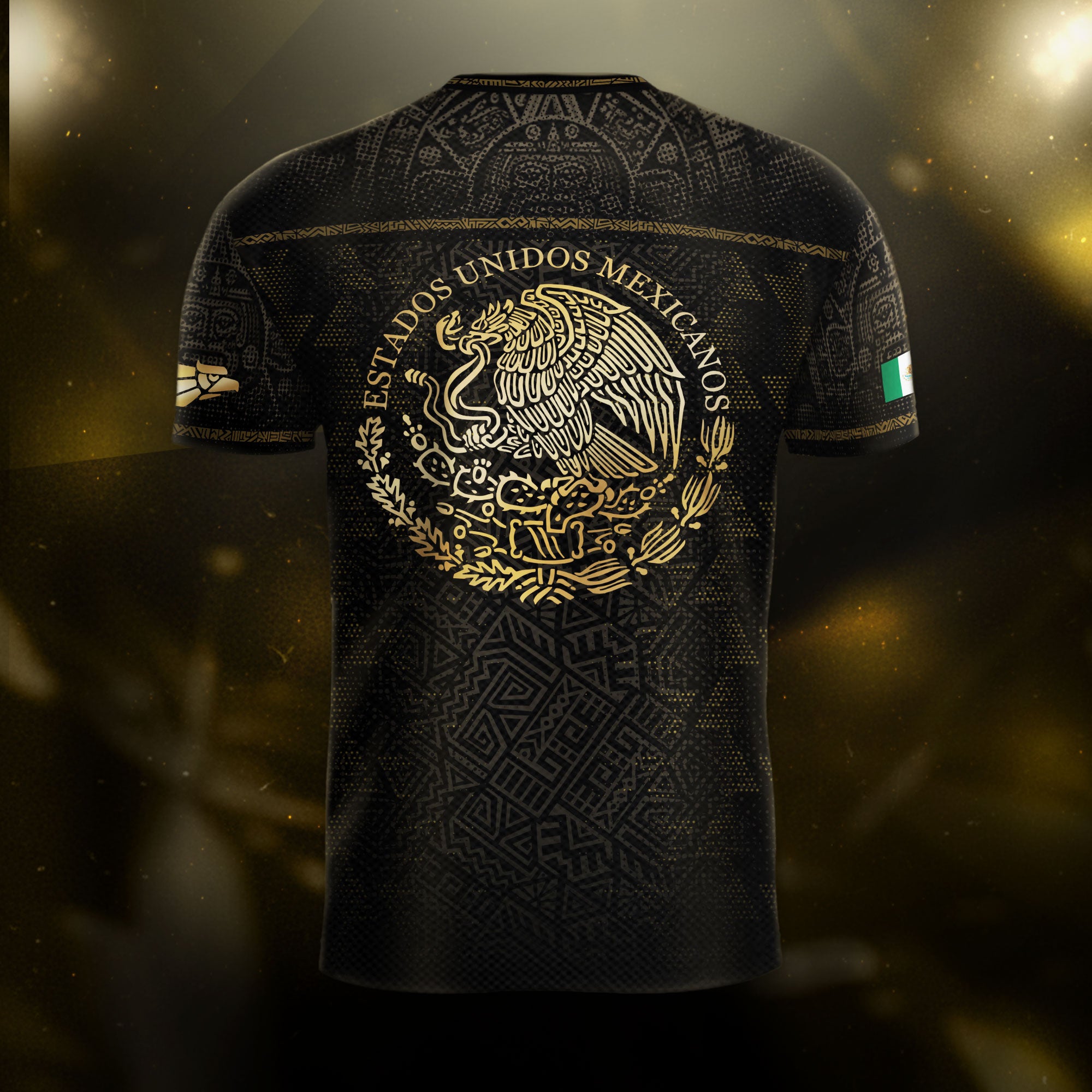 Mexico Soccer Jersey Black Gold Eagle & Snake Aztec Design