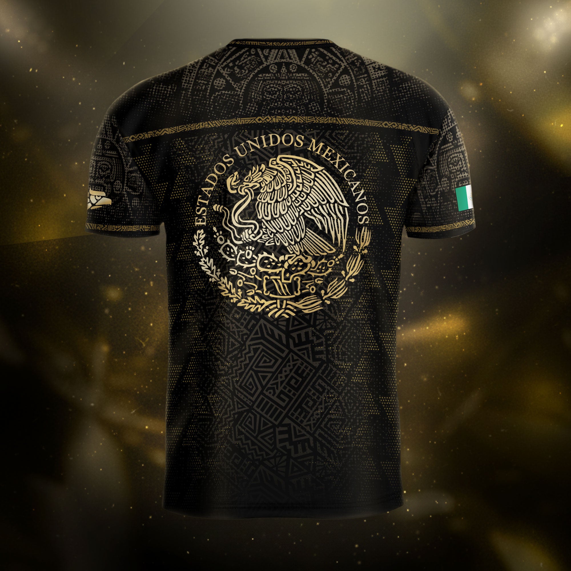 Camiseta de fútbol de México con diseño azteca, águila y serpiente, color negro y dorado.