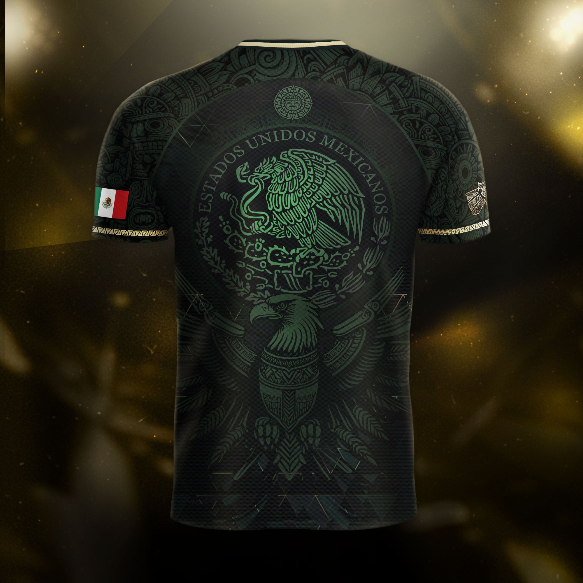 Mexico Soccer Jersey Dark Green Gold Aztec Calendar & Eagle Emblem