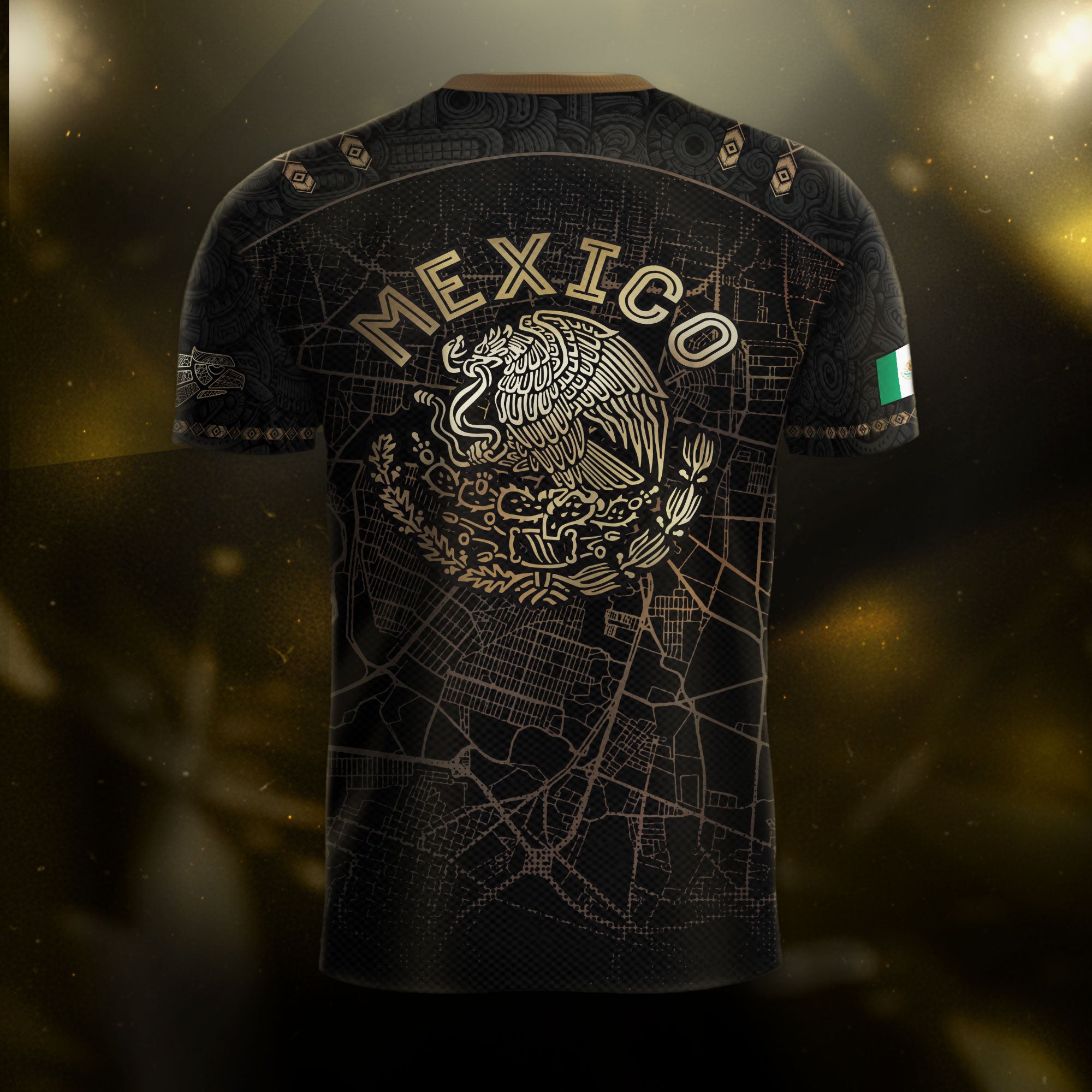 Mexico Soccer Jersey Black Gold City Map & Eagle Emblem