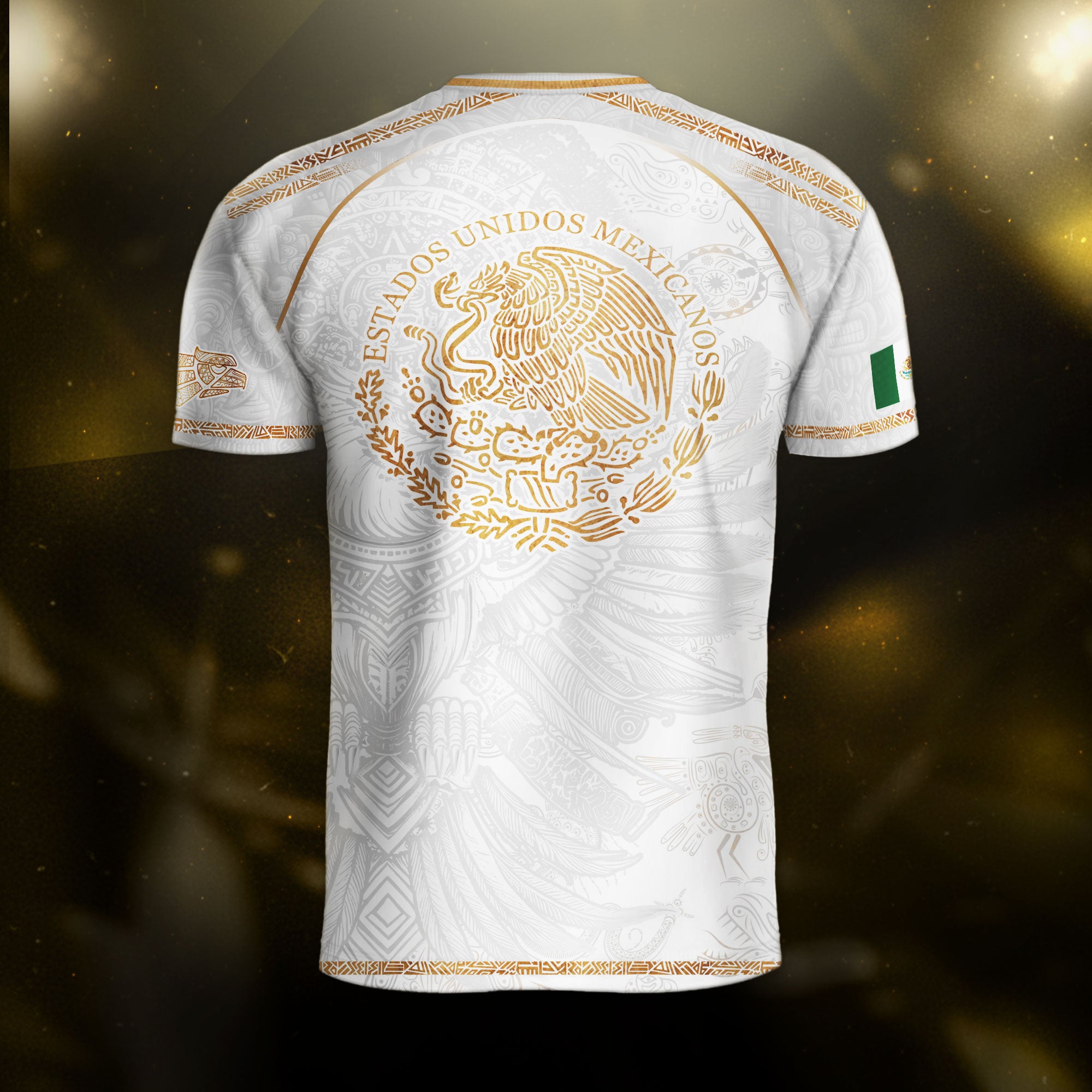 Mexico Soccer Jersey White Gold Aztec Eagle Design
