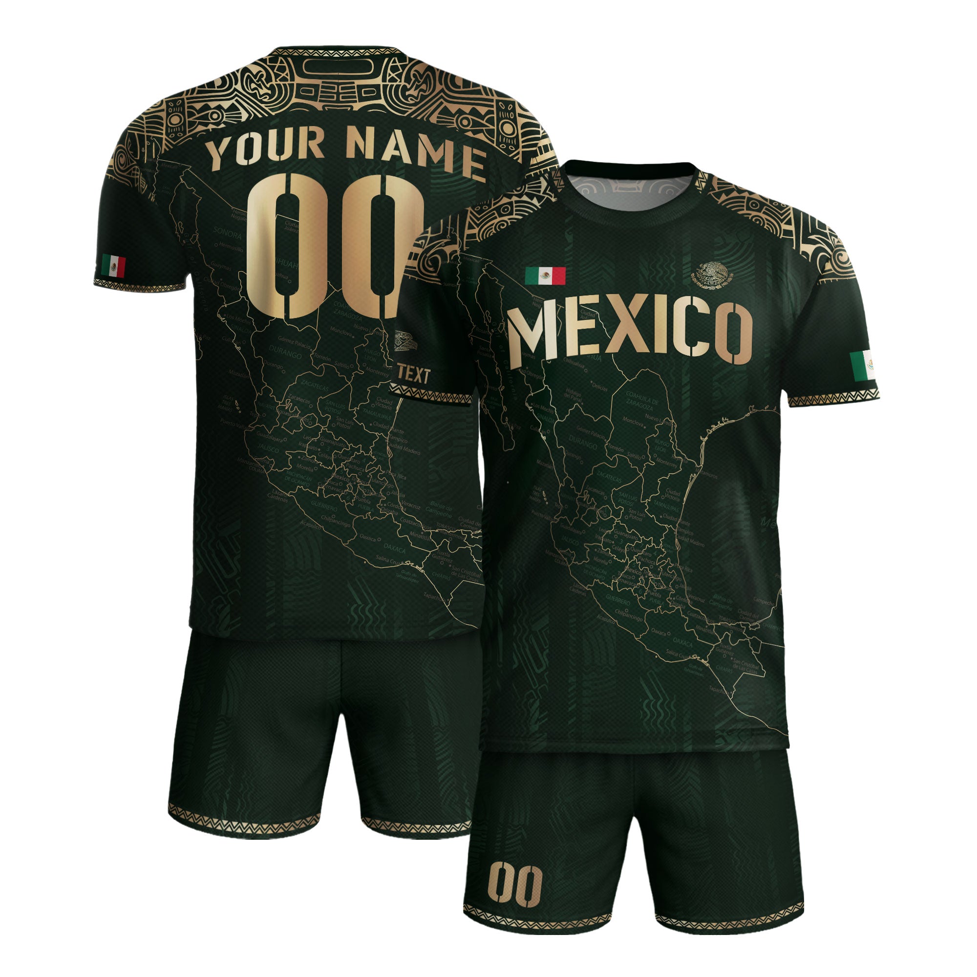 Custom Mexico Green Gold Map Aztec Heritage Soccer Jersey