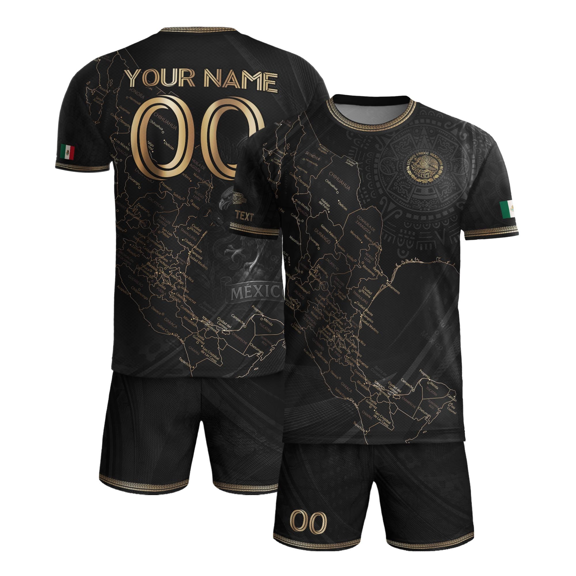 Custom Mexico Black Gold Map Aztec Eagle Heritage Soccer Jersey