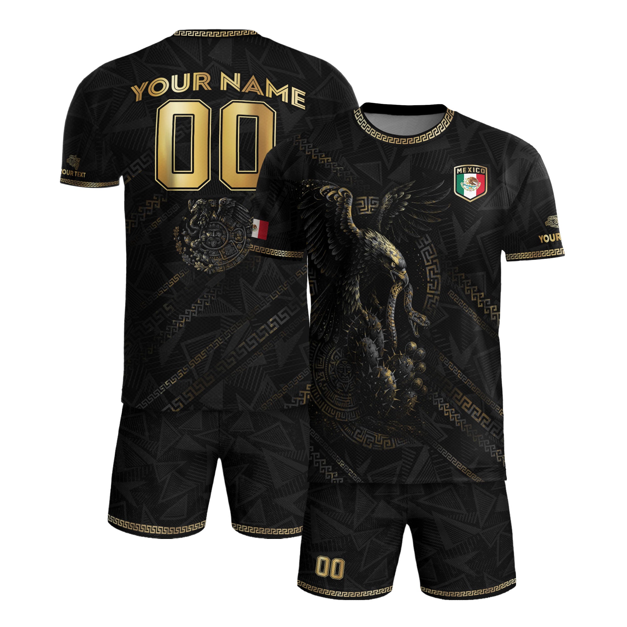 Custom Mexico Black Gold Eagle and Serpent Aztec Heritage Soccer Jersey