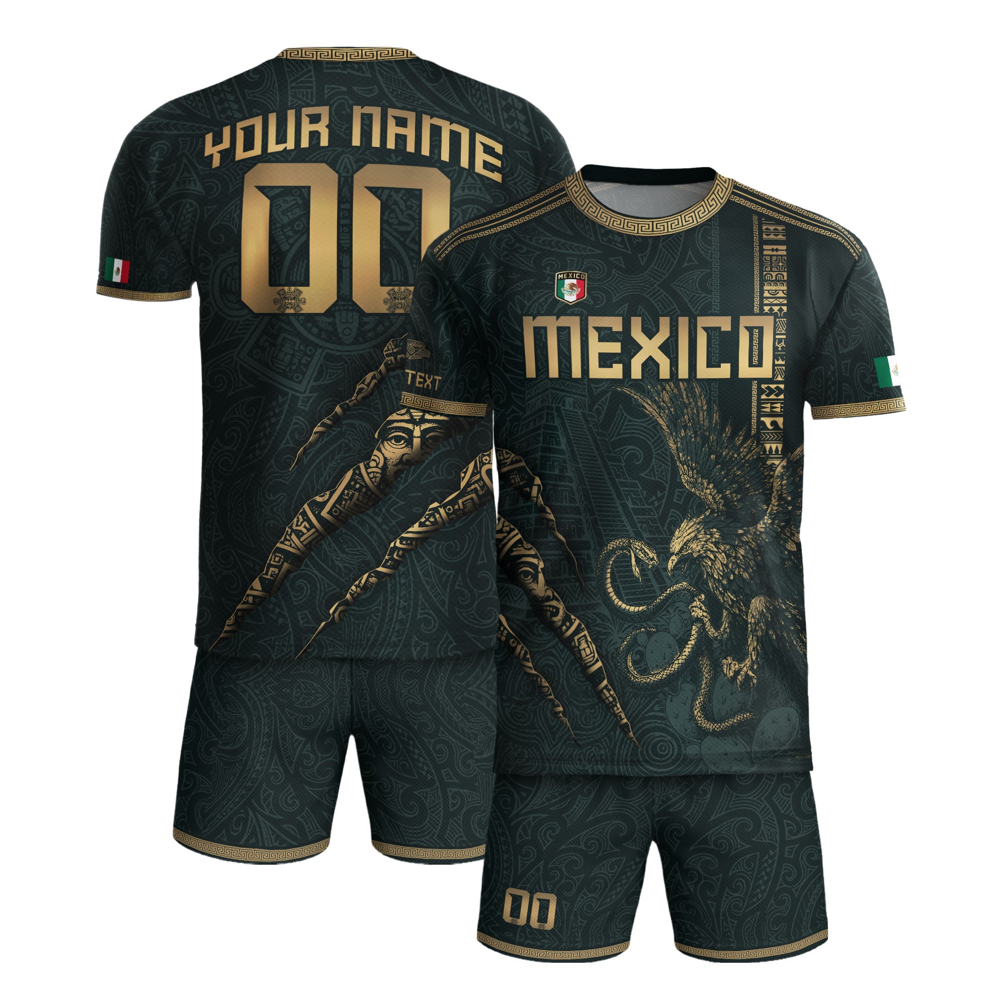 Custom Mexico Green Gold Eagle Claw Aztec Warrior Heritage Soccer Jersey