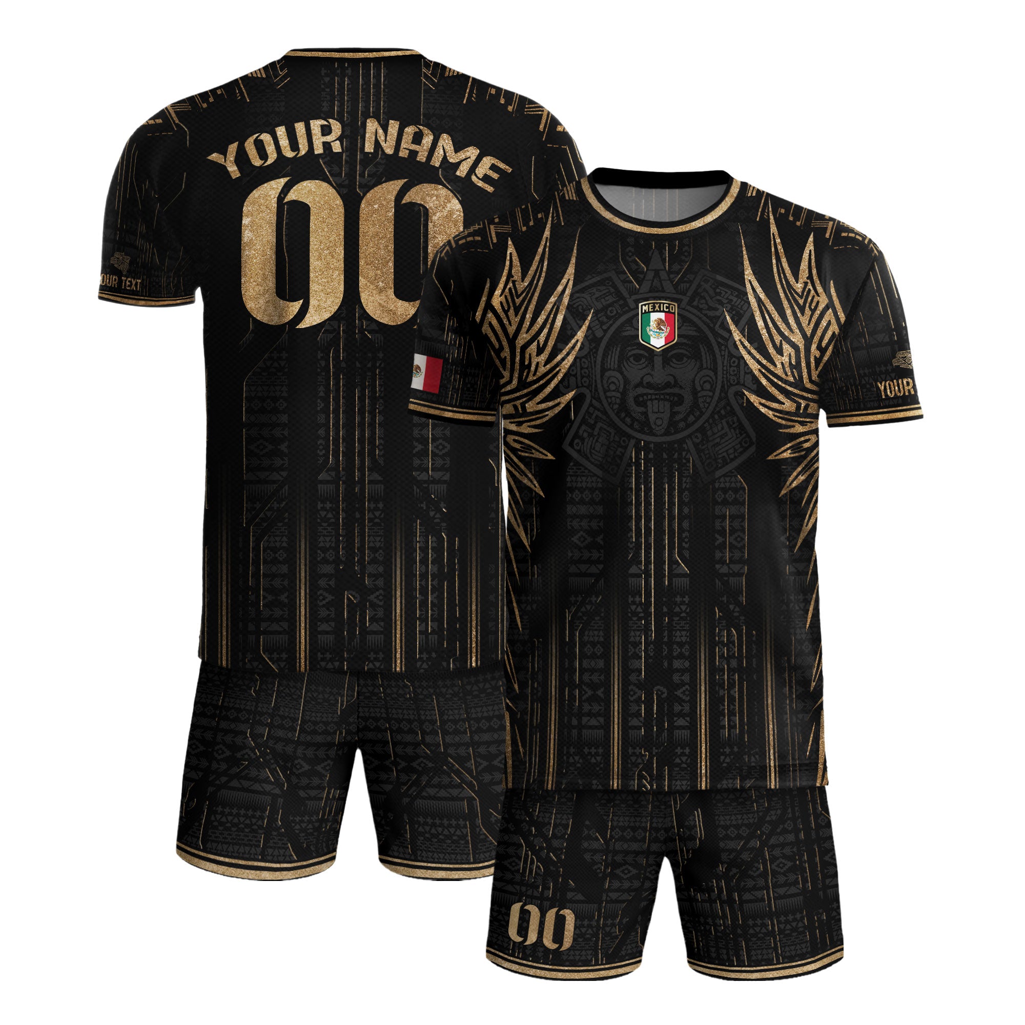 Custom Mexico Black Gold Aztec Warrior Wings Heritage Soccer Jersey