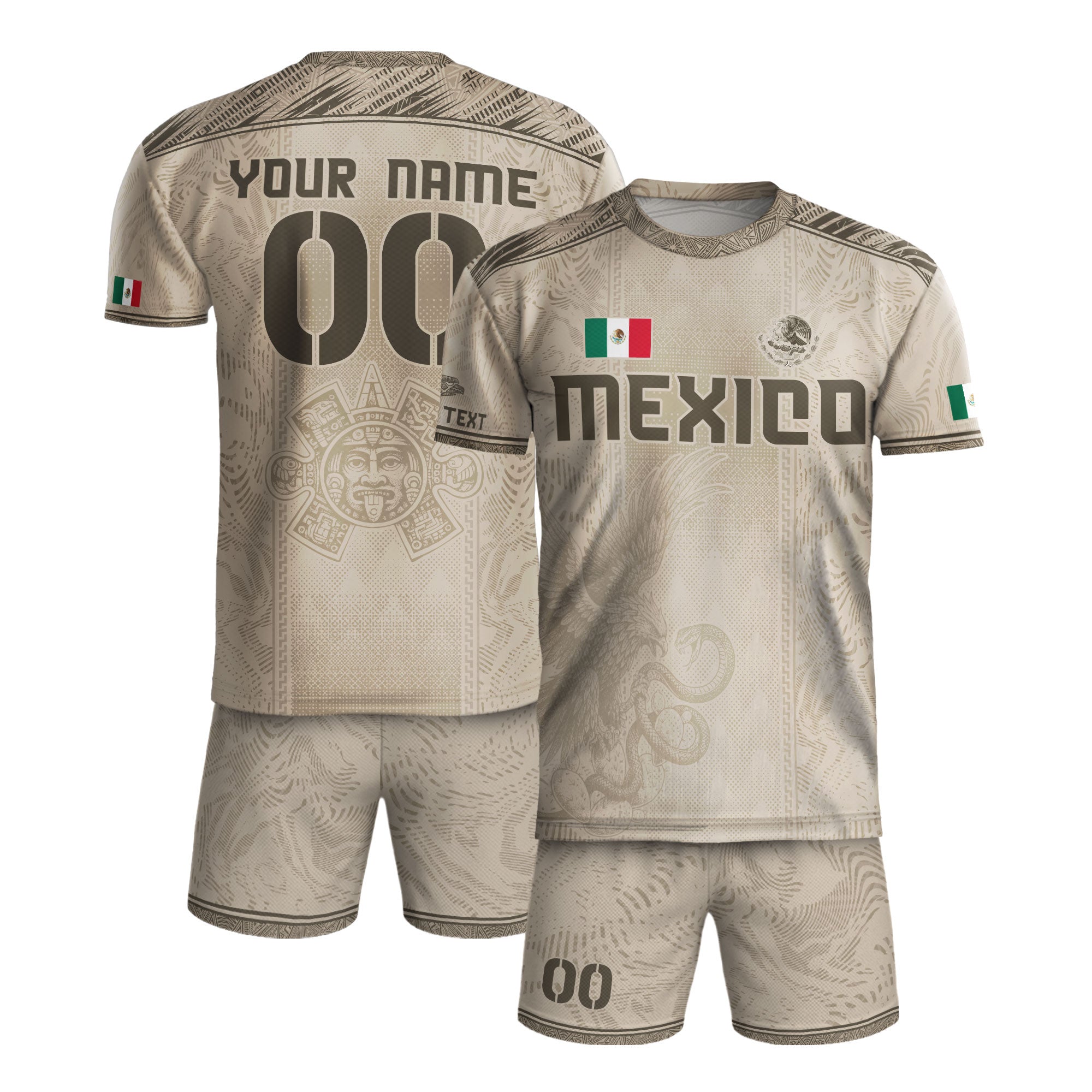 Custom Mexico Beige Eagle Aztec Calendar Soccer Jersey