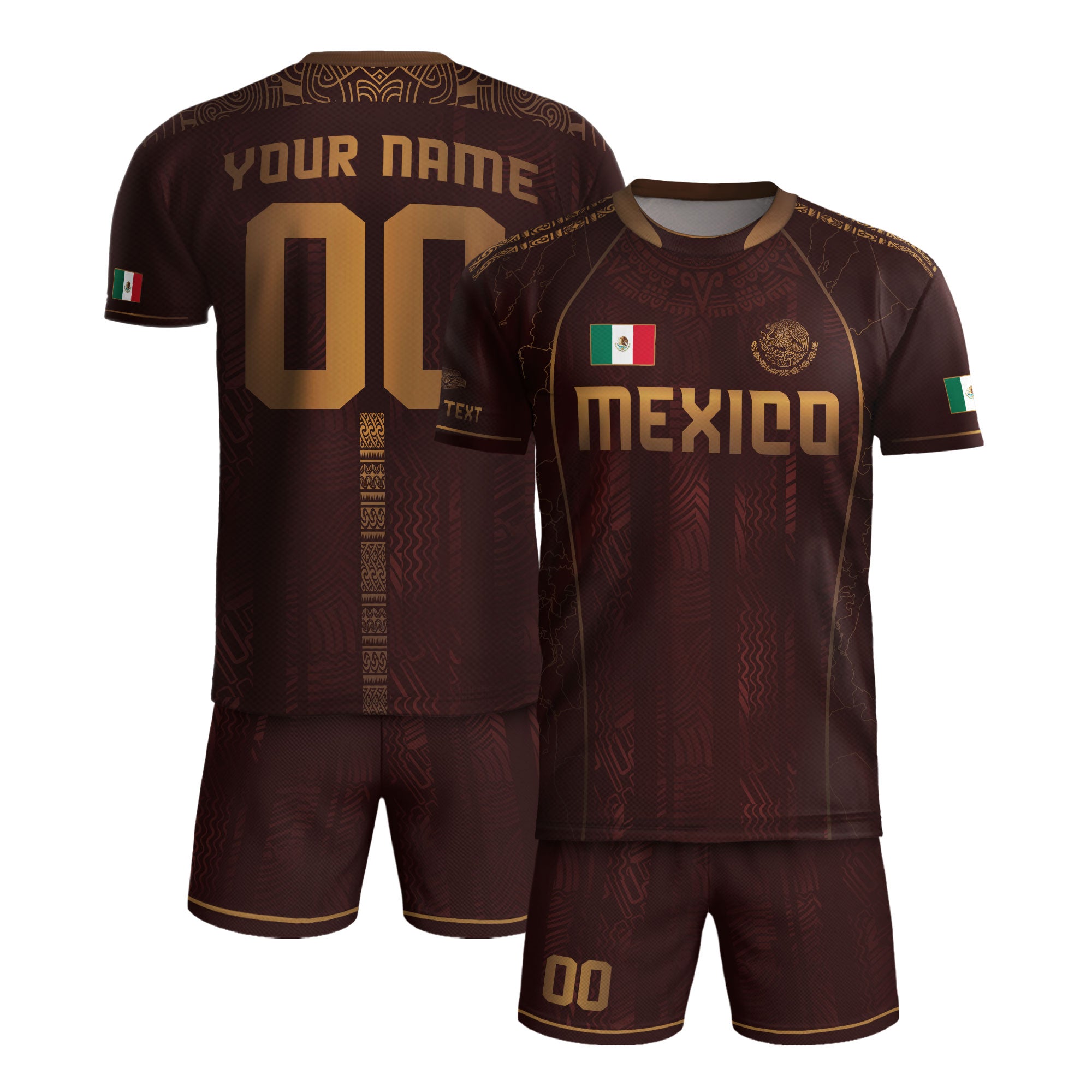 Custom Mexico Soccer Jersey Burgundy Gold Aztec Pattern Heritage Design