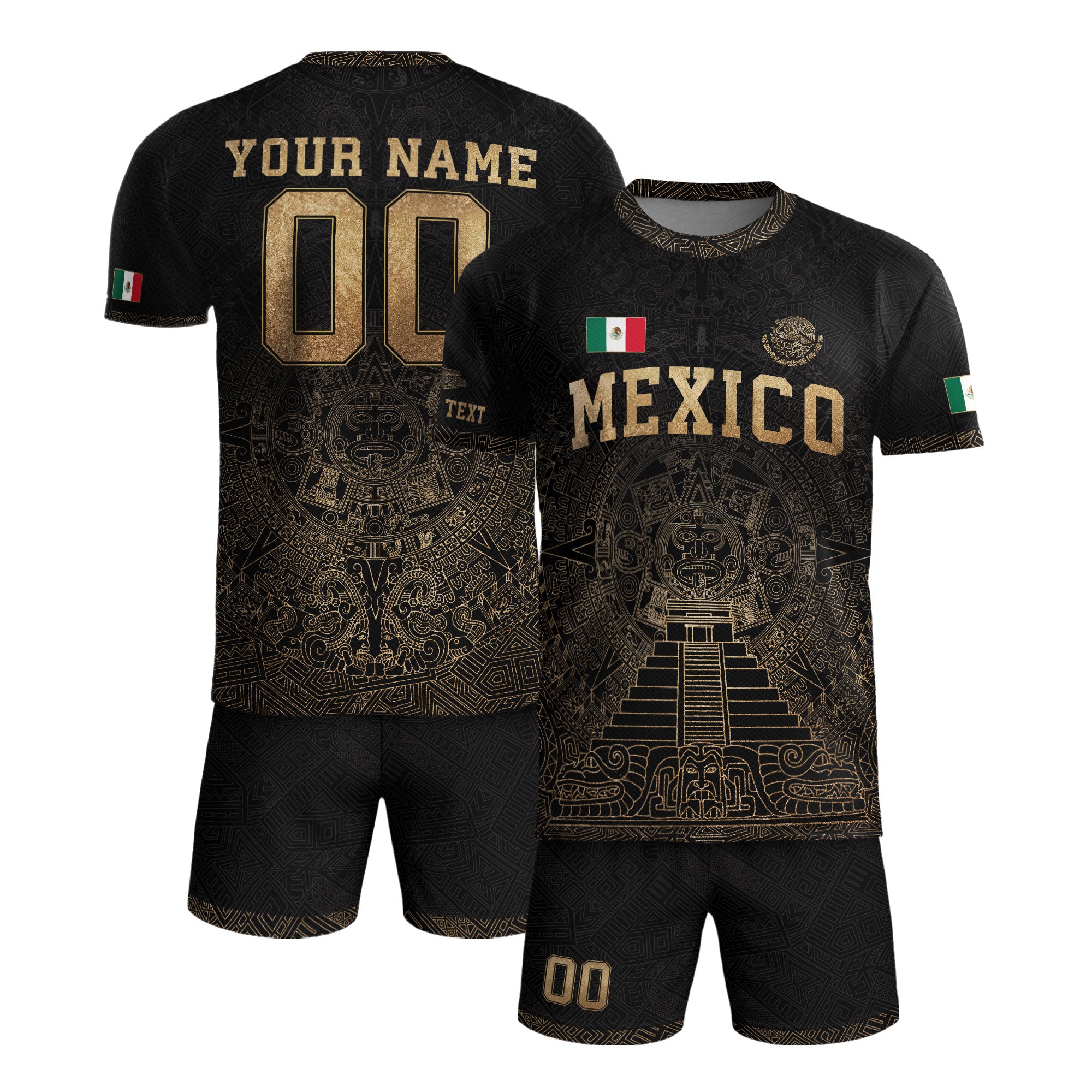 Custom Mexico Soccer Jersey Black Gold Aztec Calendar Heritage Design