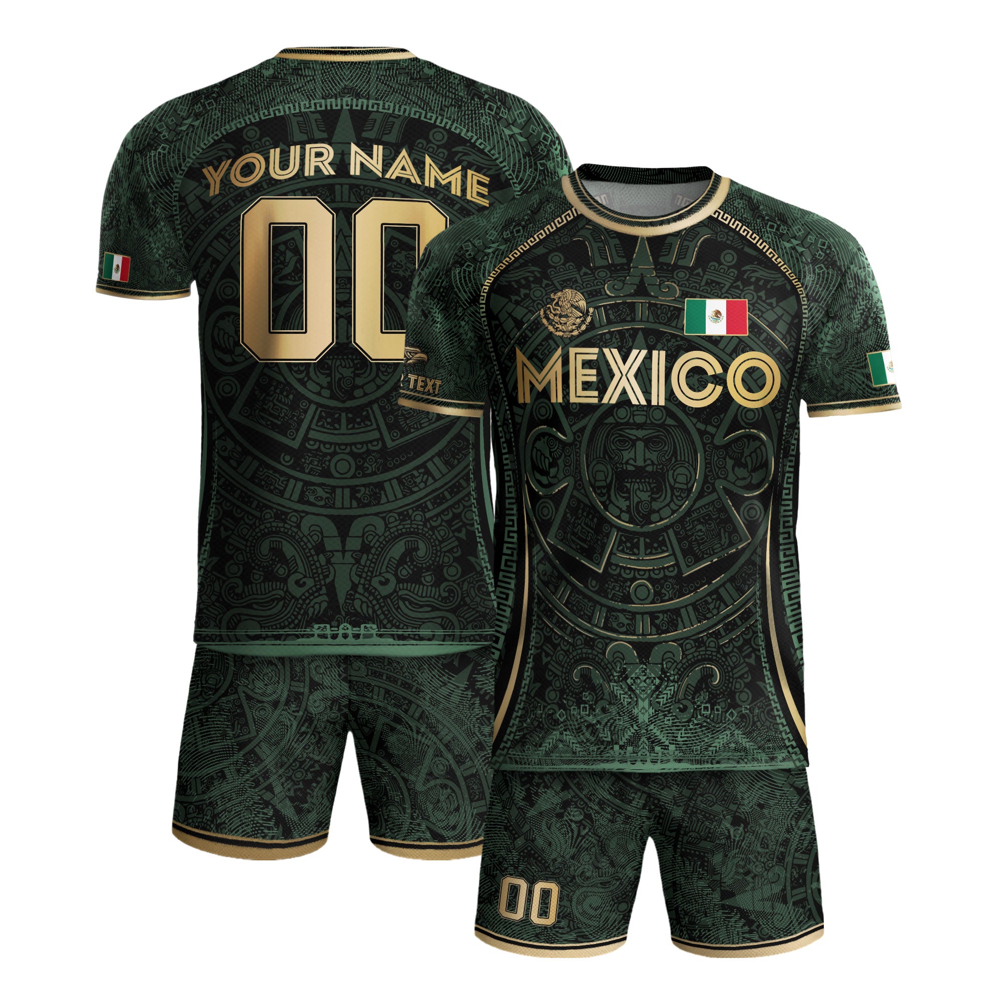 Custom Mexico Soccer Jersey Green Gold Aztec Calendar Heritage Design