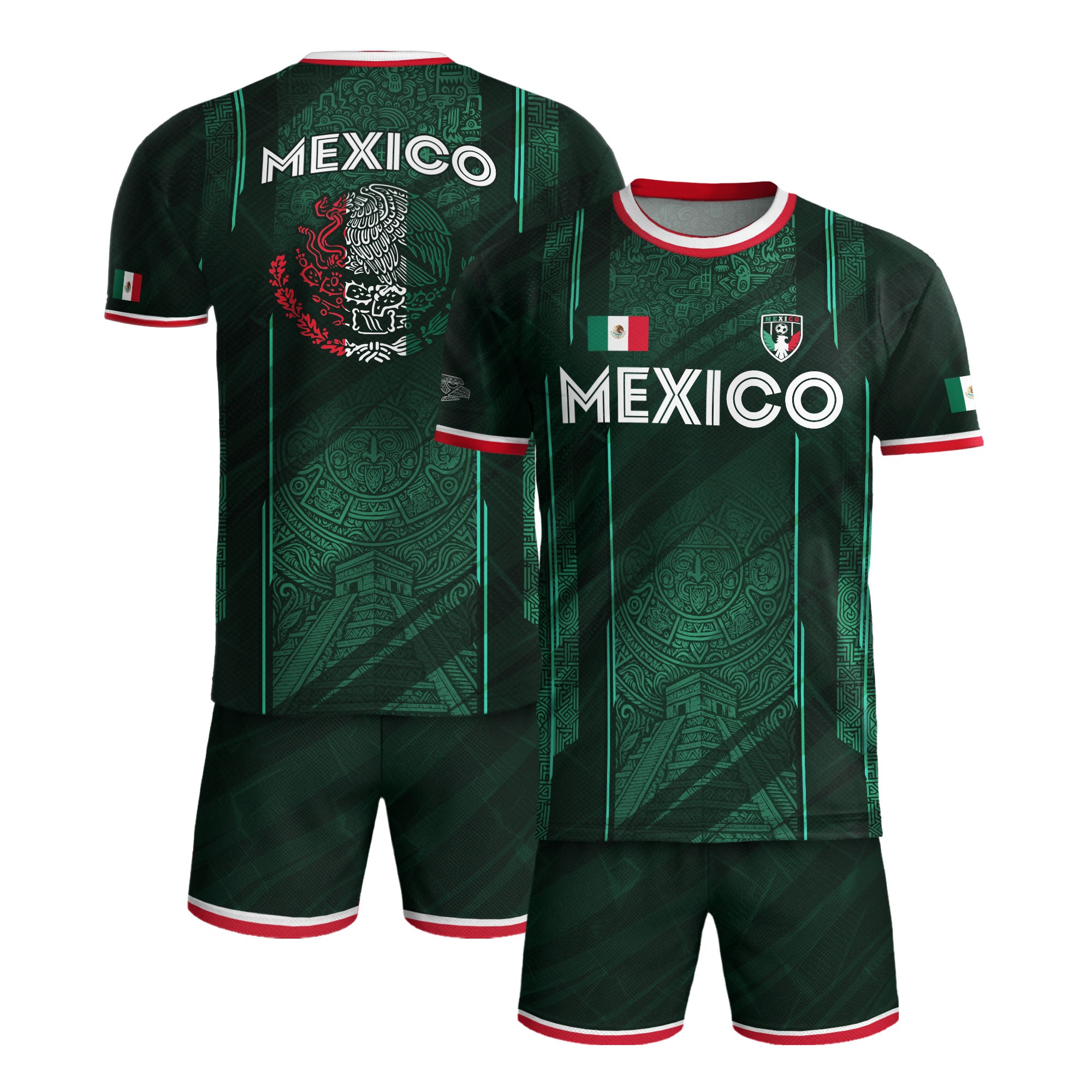 Mexico Soccer Jersey Green Aztec Calendar National Emblem Design
