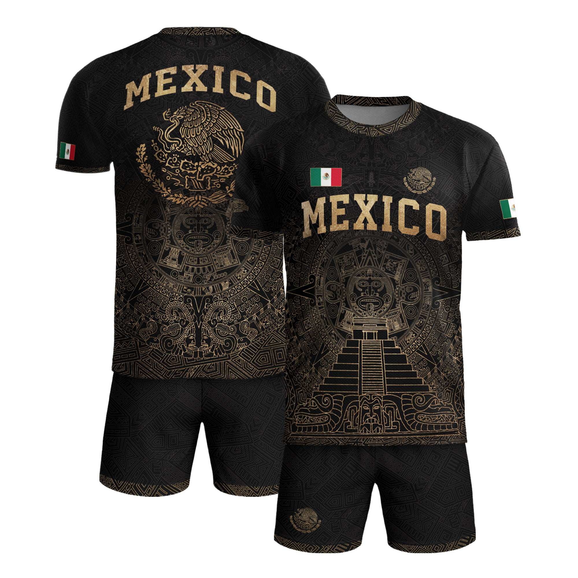 Mexico Soccer Jersey Black Gold Aztec Calendar Eagle Emblem Design