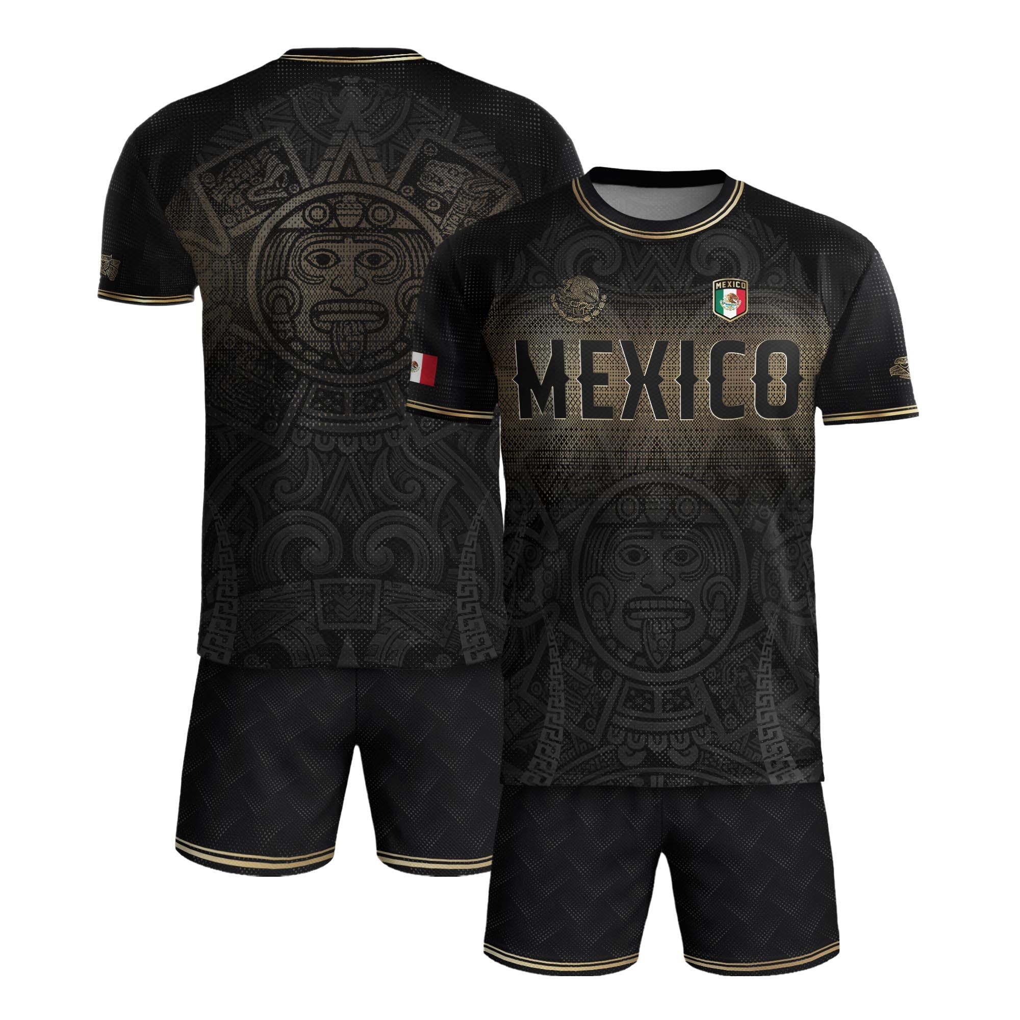 Camiseta de fútbol premium con emblema de águila azteca verde y dorado de México