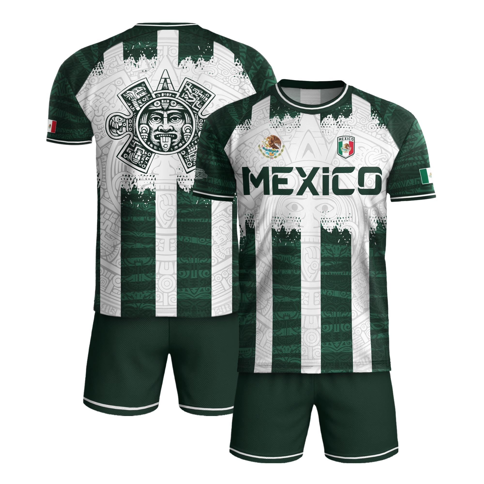 Camiseta de fútbol premium con emblema de águila azteca verde y dorado de México