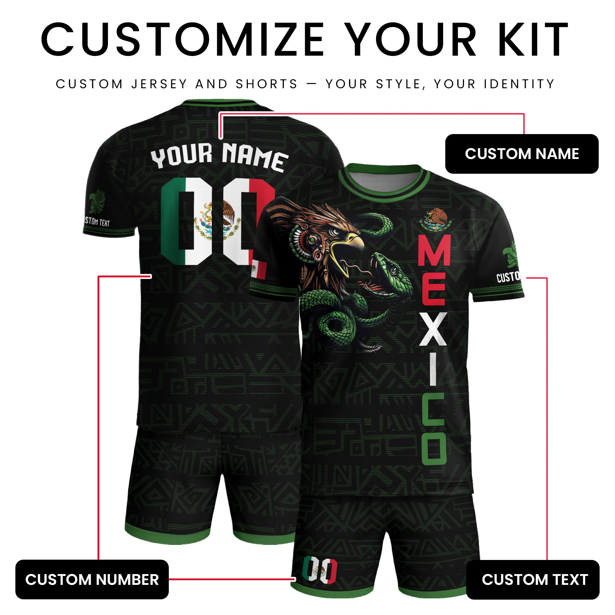Custom Mexico Black Eagle and Snake Soccer Jersey