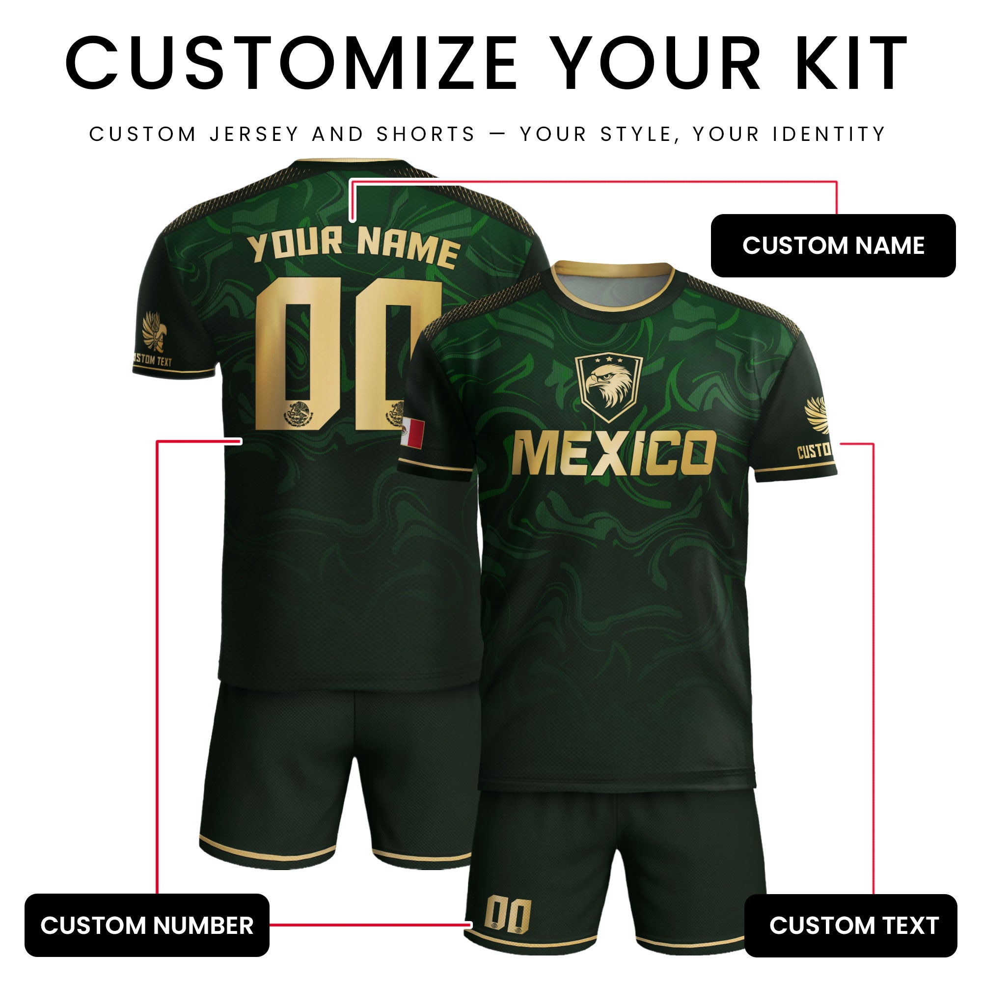 Custom Mexico Green Eagle Soccer Jersey Gold Crest Heritage Edition