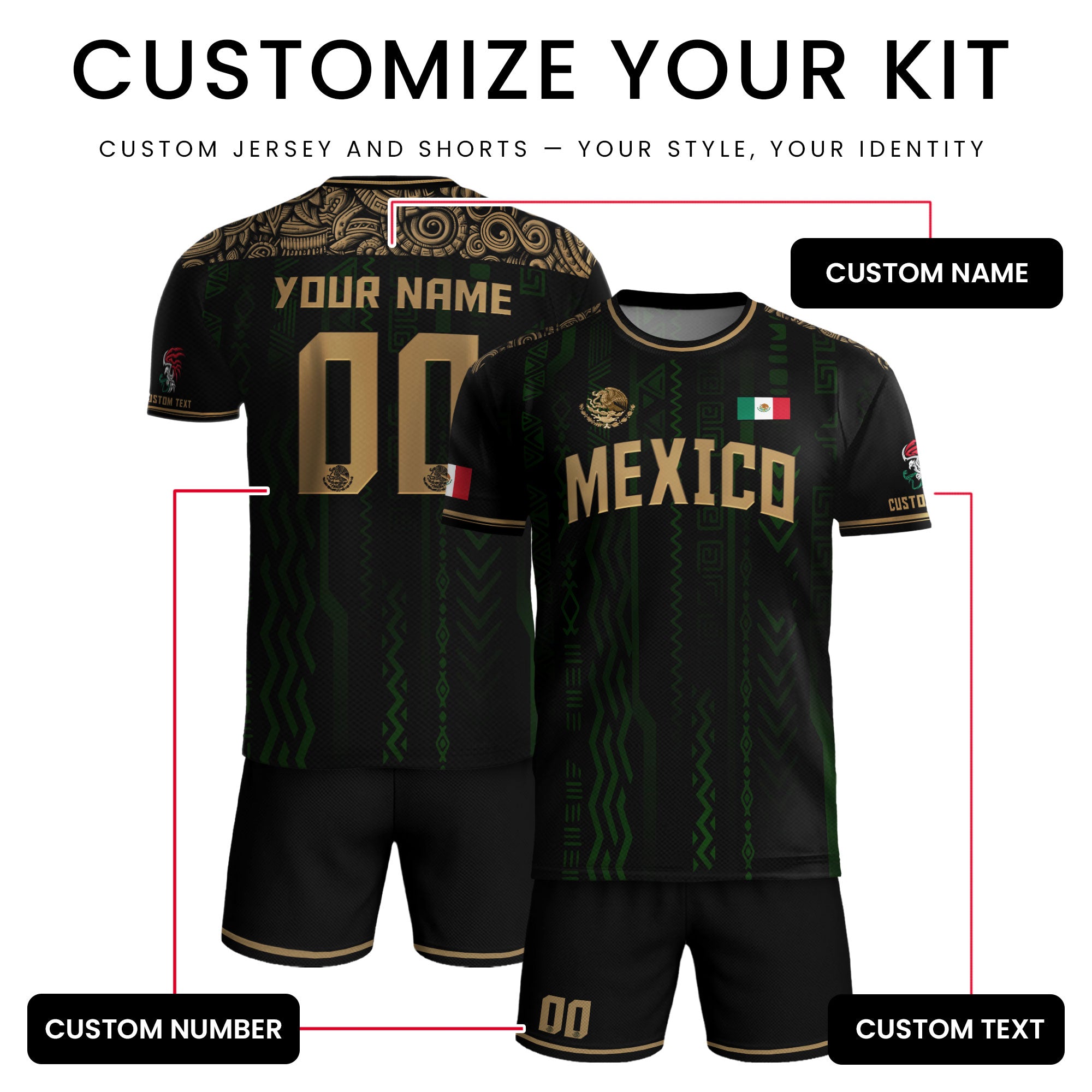 Custom Mexico Soccer Jersey Black Gold Aztec Pattern